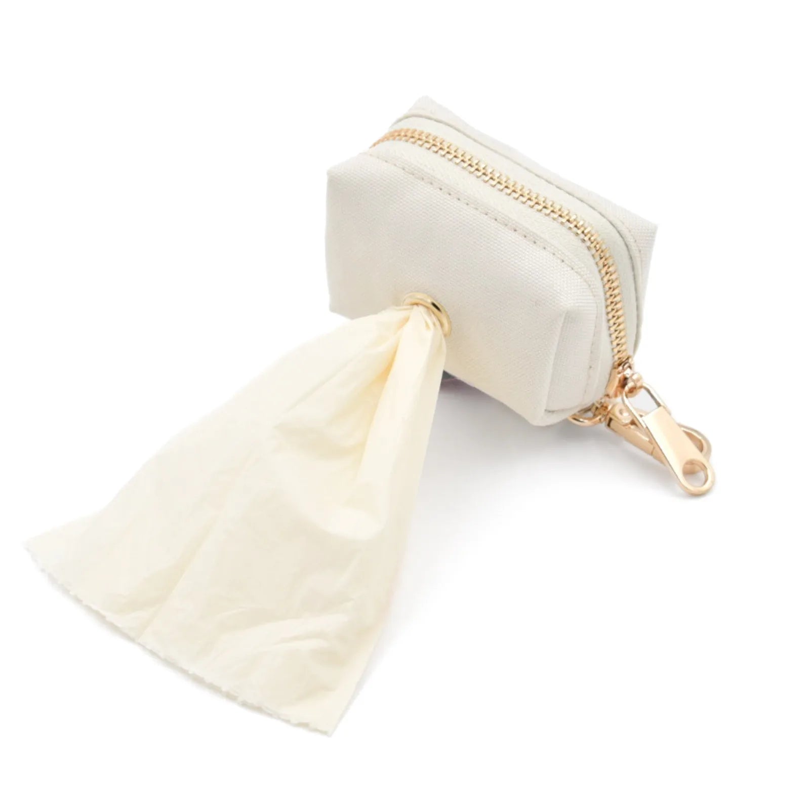 Durable cream Le Poo Pouch with gold zipper, holding a rose-scented waste bag for convenient dog walks.
