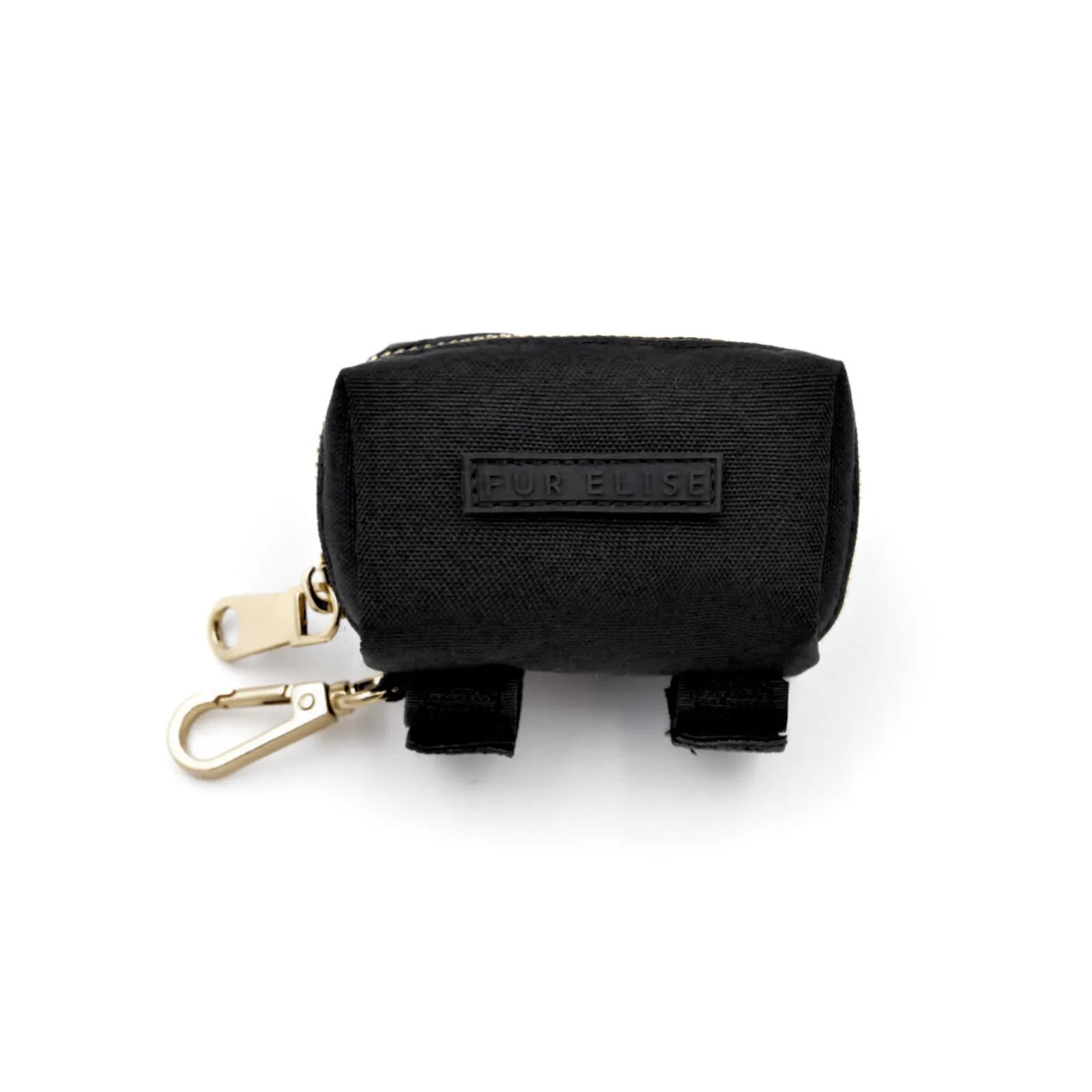 Compact black Oxford fabric pouch with gold clasp and velcro ties for securing Le Poo Bags during walks.