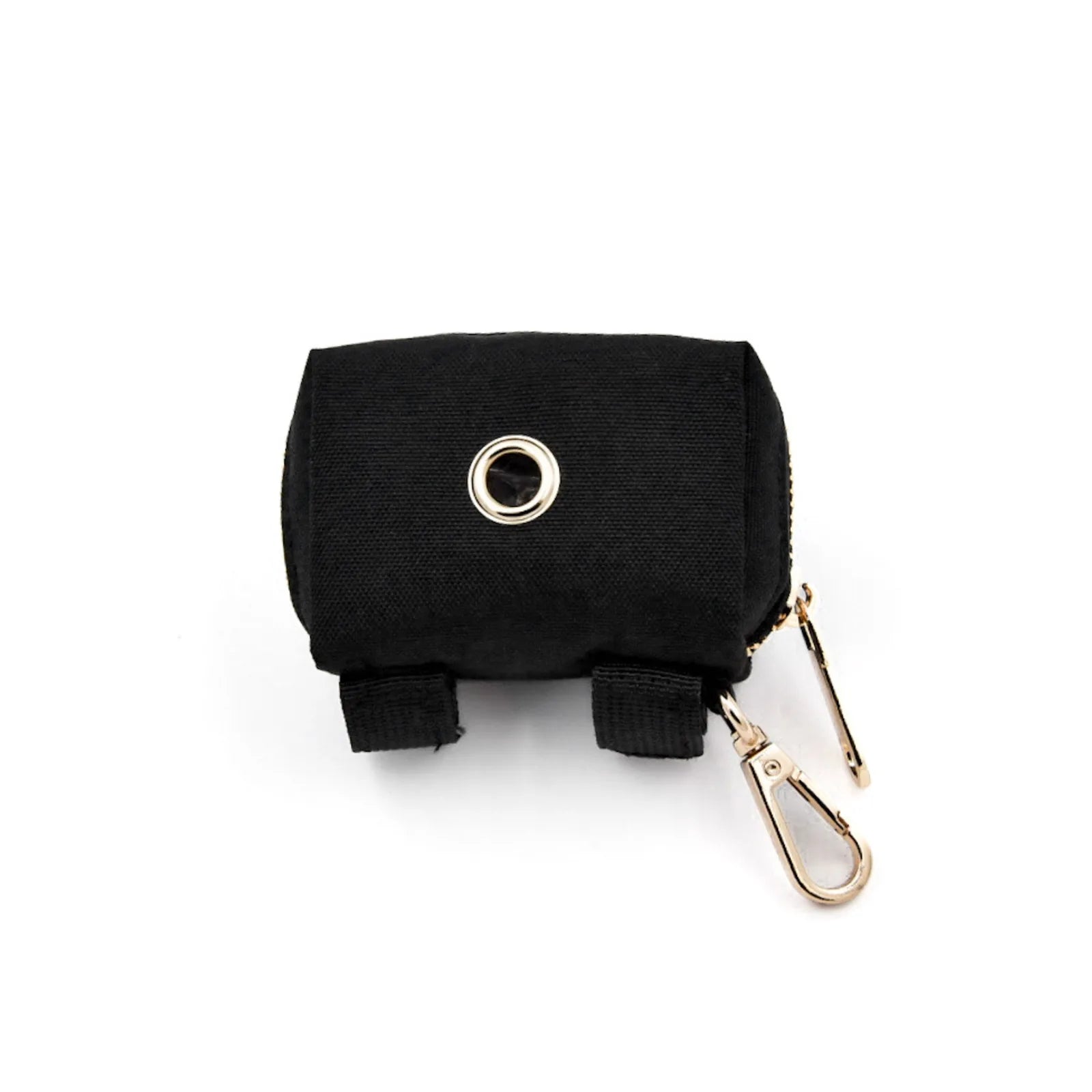 Compact black pet waste dispenser with gold lobster claw clasp and Velcro ties, made from durable Oxford fabric.