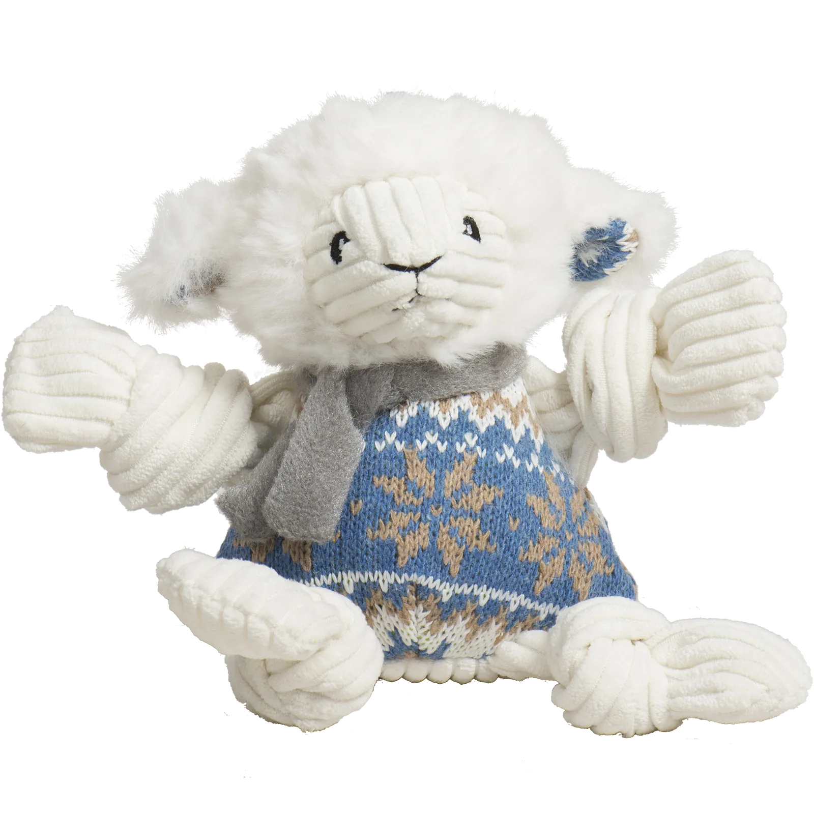 Soft ivory lion plush toy with a Nordic blue knit sweater, knotted limbs, and five squeakers for interactive play.