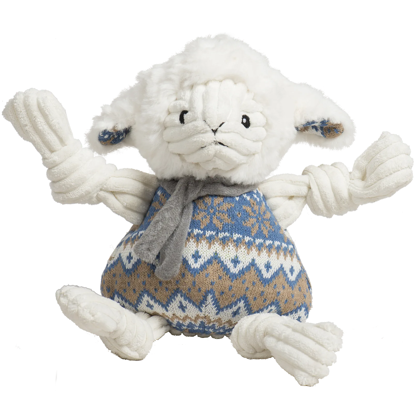 Plush Leo Lamb toy with knotted limbs, soft ivory fur, and a Nordic blue sweater featuring a festive pattern.