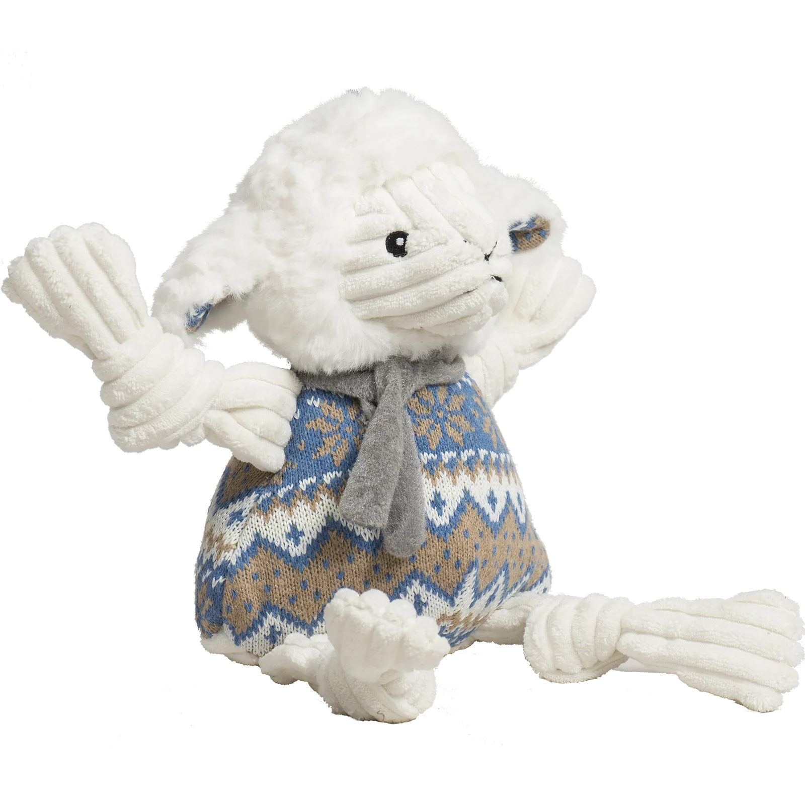 Plush Leo Lamb dog toy with a soft ivory coat and blue knit-patterned sweater, featuring knotted limbs for play.