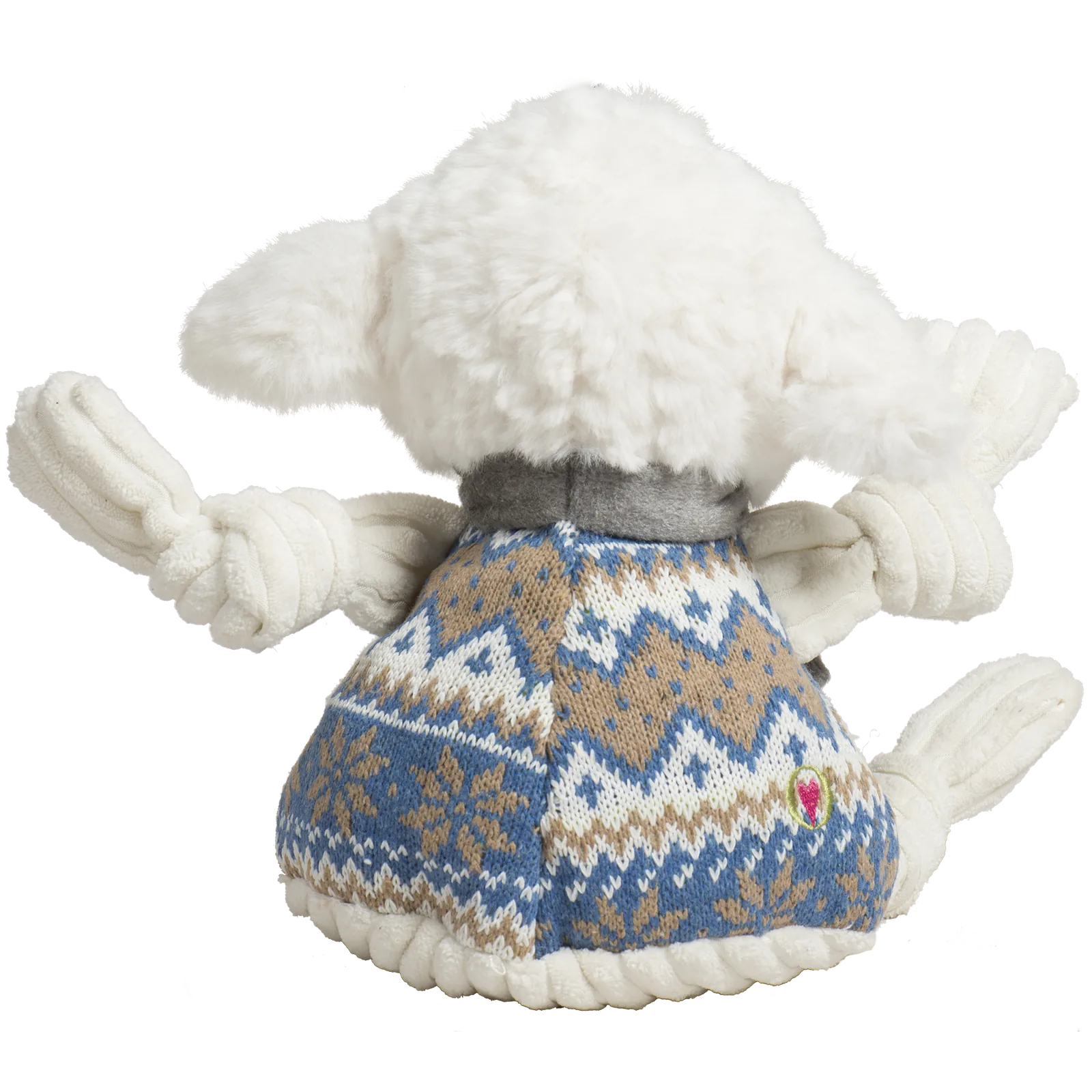 Soft ivory plush Leo Lamb dog toy with a Nordic blue sweater and knotted limbs, ideal for gentle play and snuggling.
