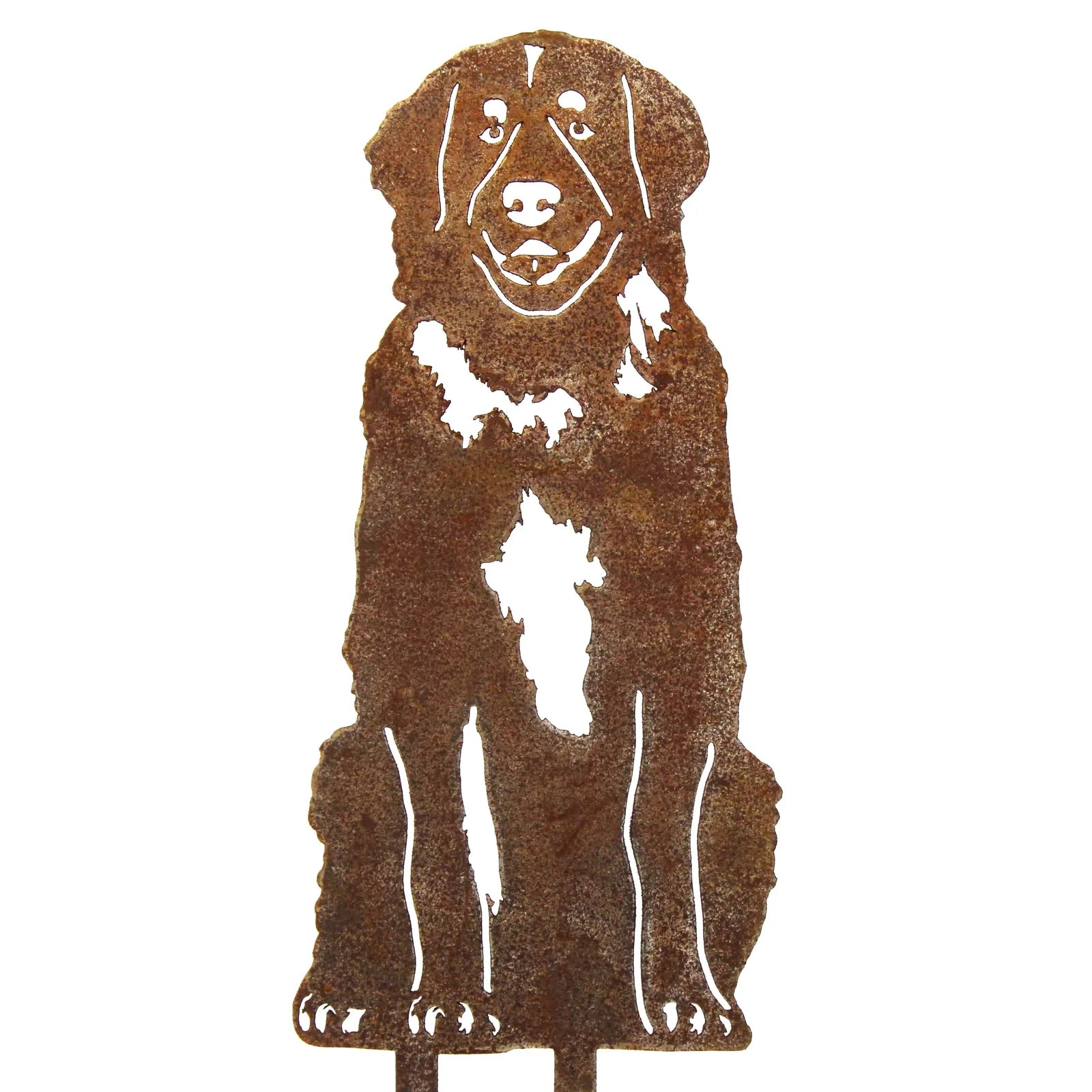 Rusty metal silhouette of a sitting Leonberger dog, showcasing intricate cut-outs for eyes and markings.