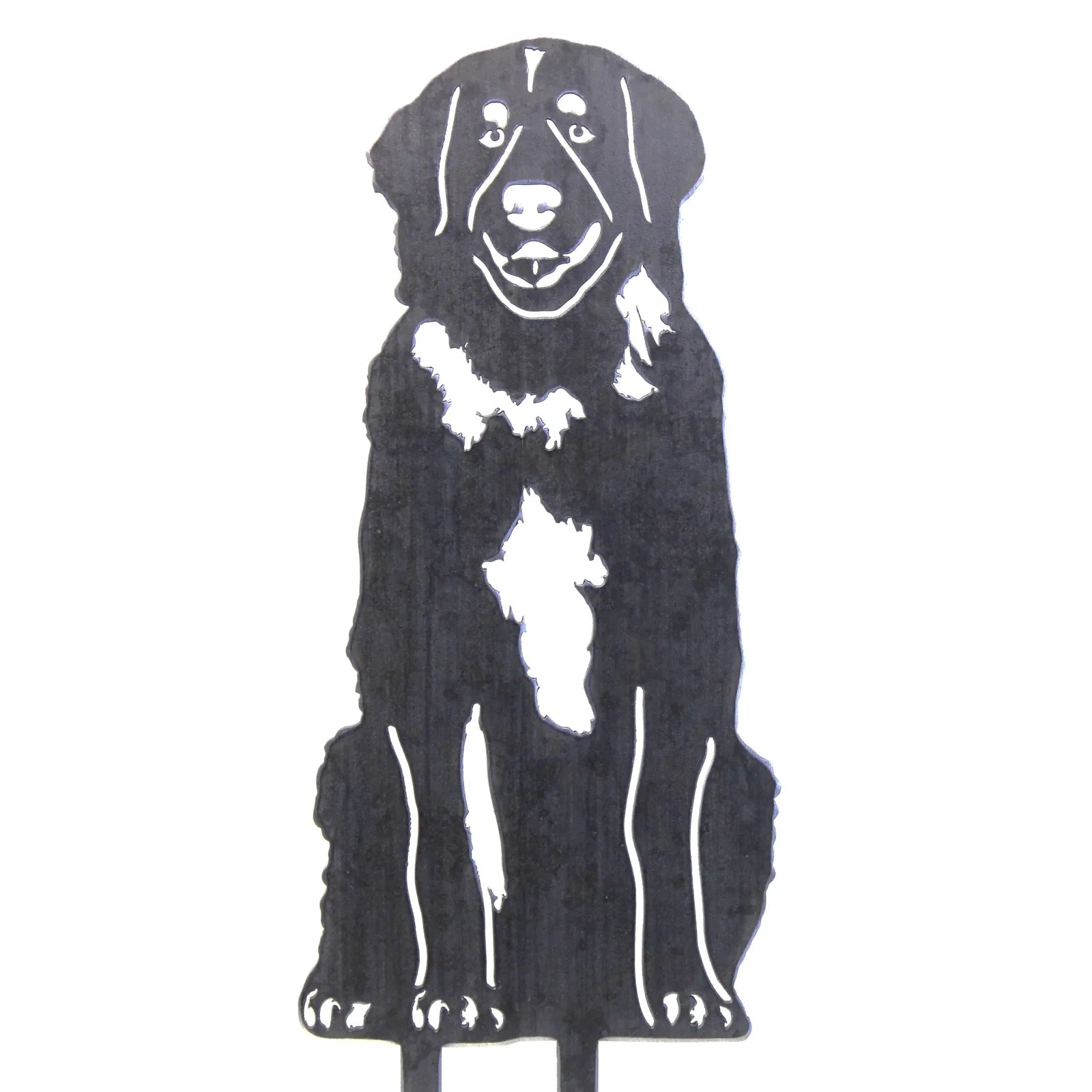 Black metal silhouette of a seated Leonberger dog with distinct features, ideal for outdoor decoration.