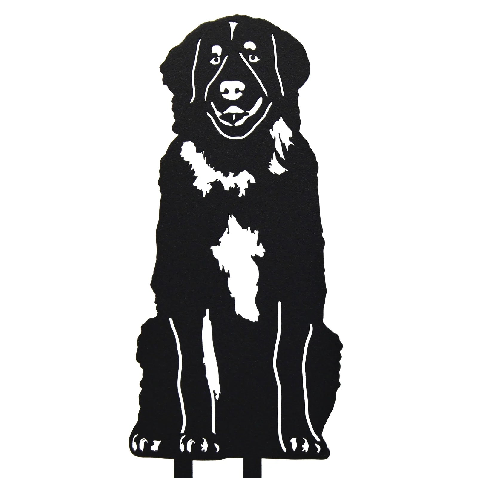Black metal silhouette of a sitting Leonberger dog, showcasing intricate detail and a sturdy design for outdoor decor.