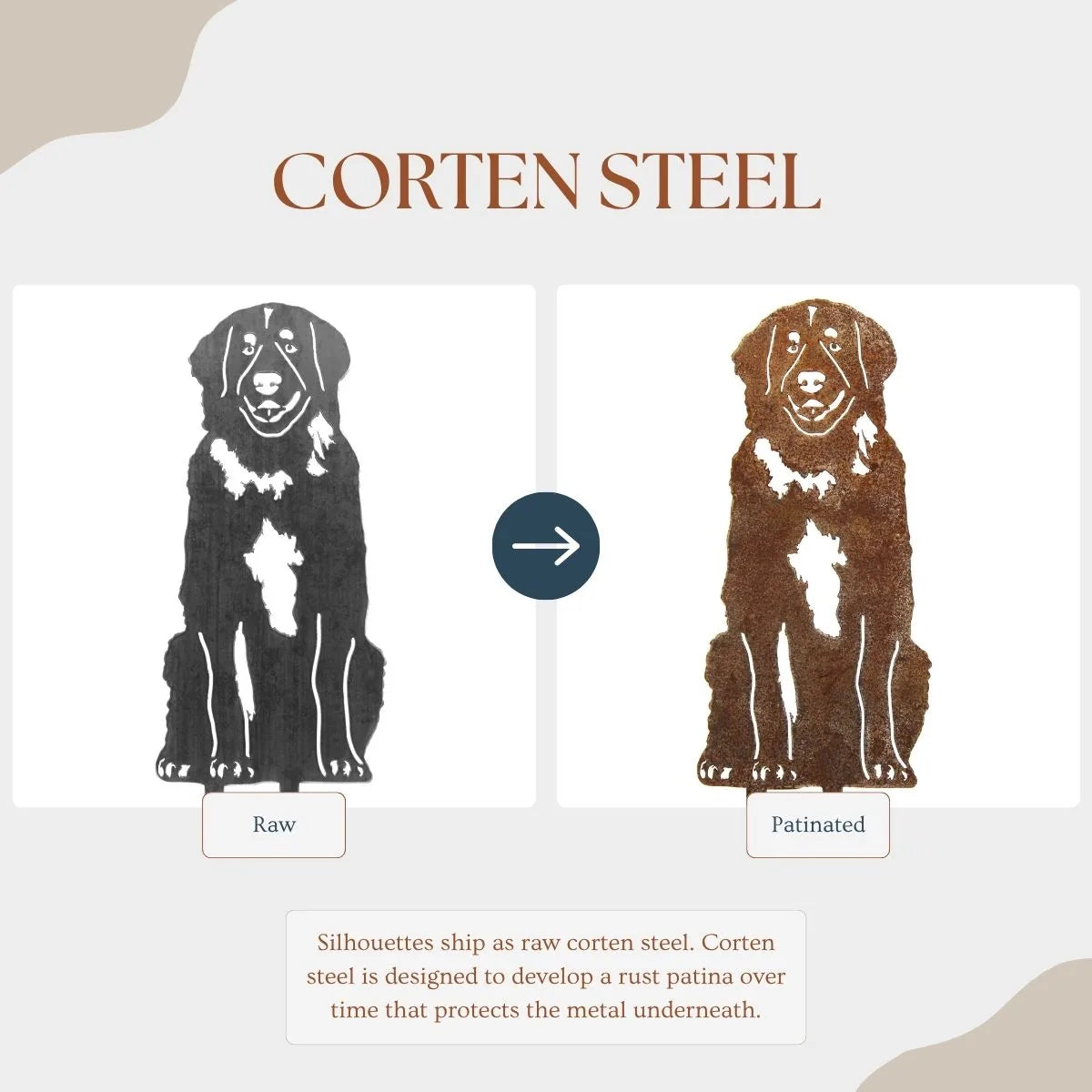 Leonberger silhouette showing raw Corten steel on the left and a rust patina on the right, highlighting color and texture...