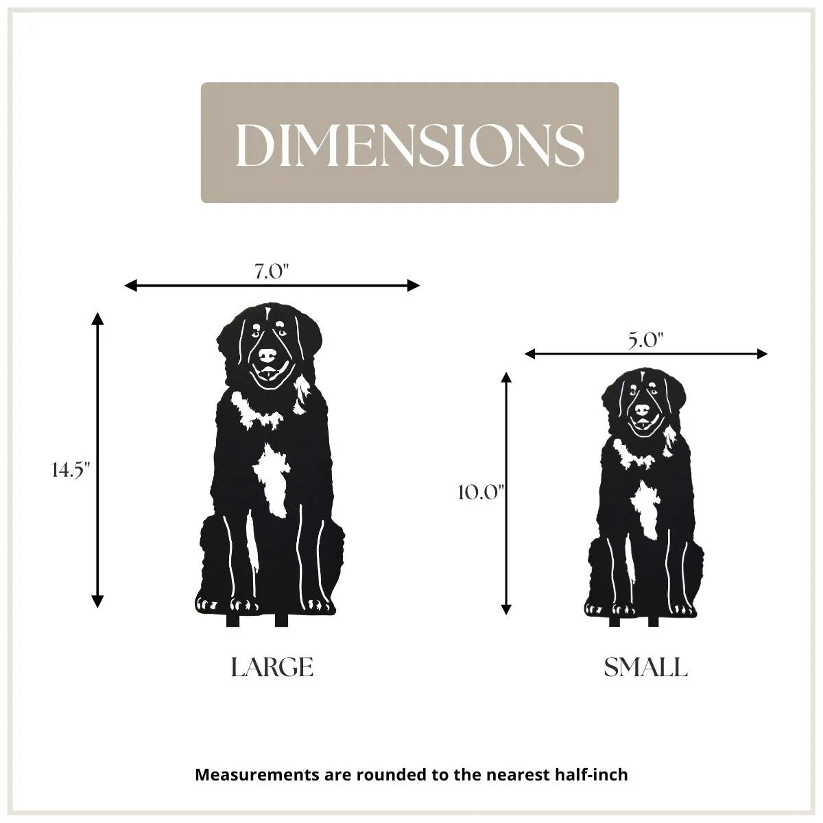 Black Leonberger metal silhouette with measurements for large (14.5") and small (10") sizes displayed on a light background.