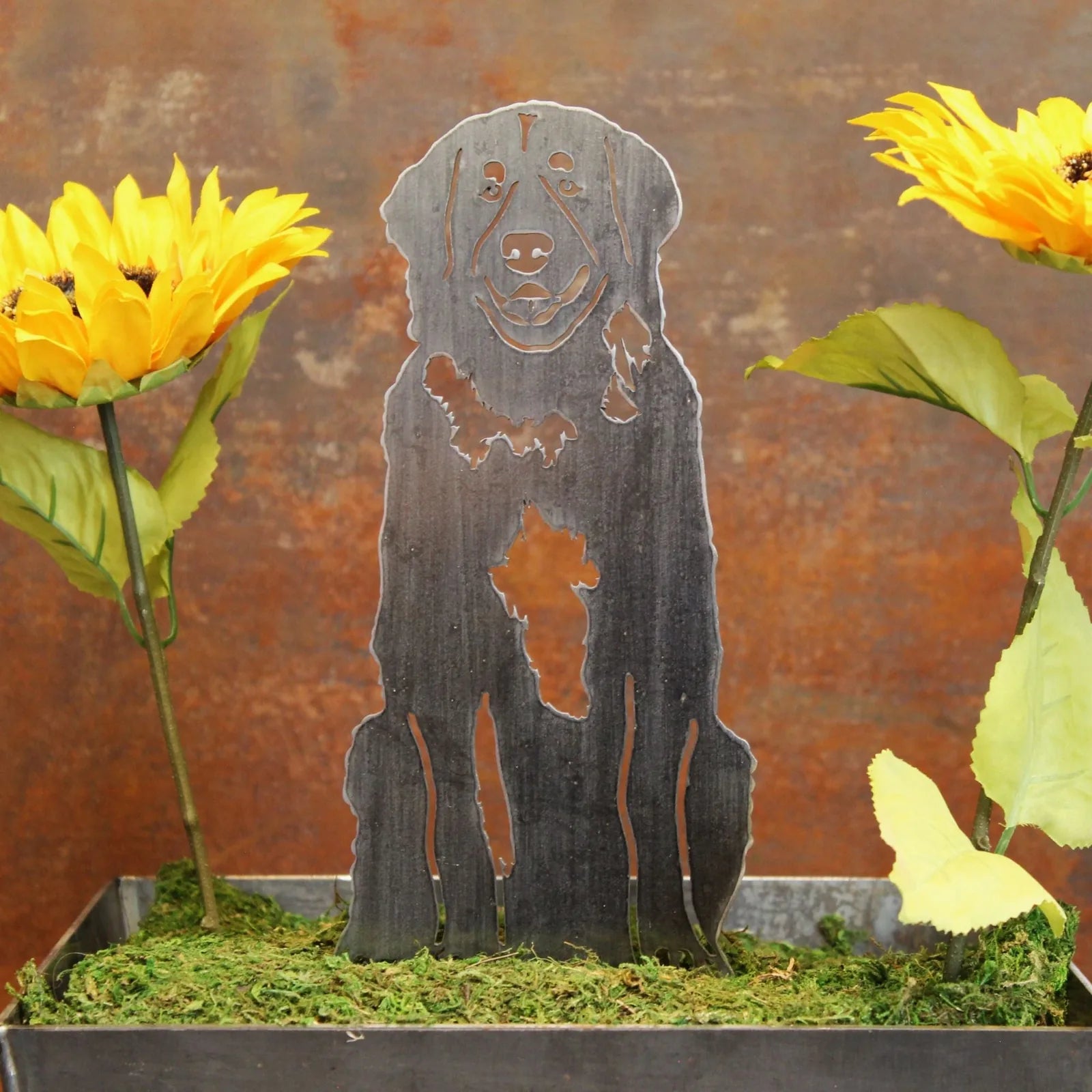 Leonberger metal silhouette standing among sunflowers and greenery, showcasing a rustic Corten steel design.