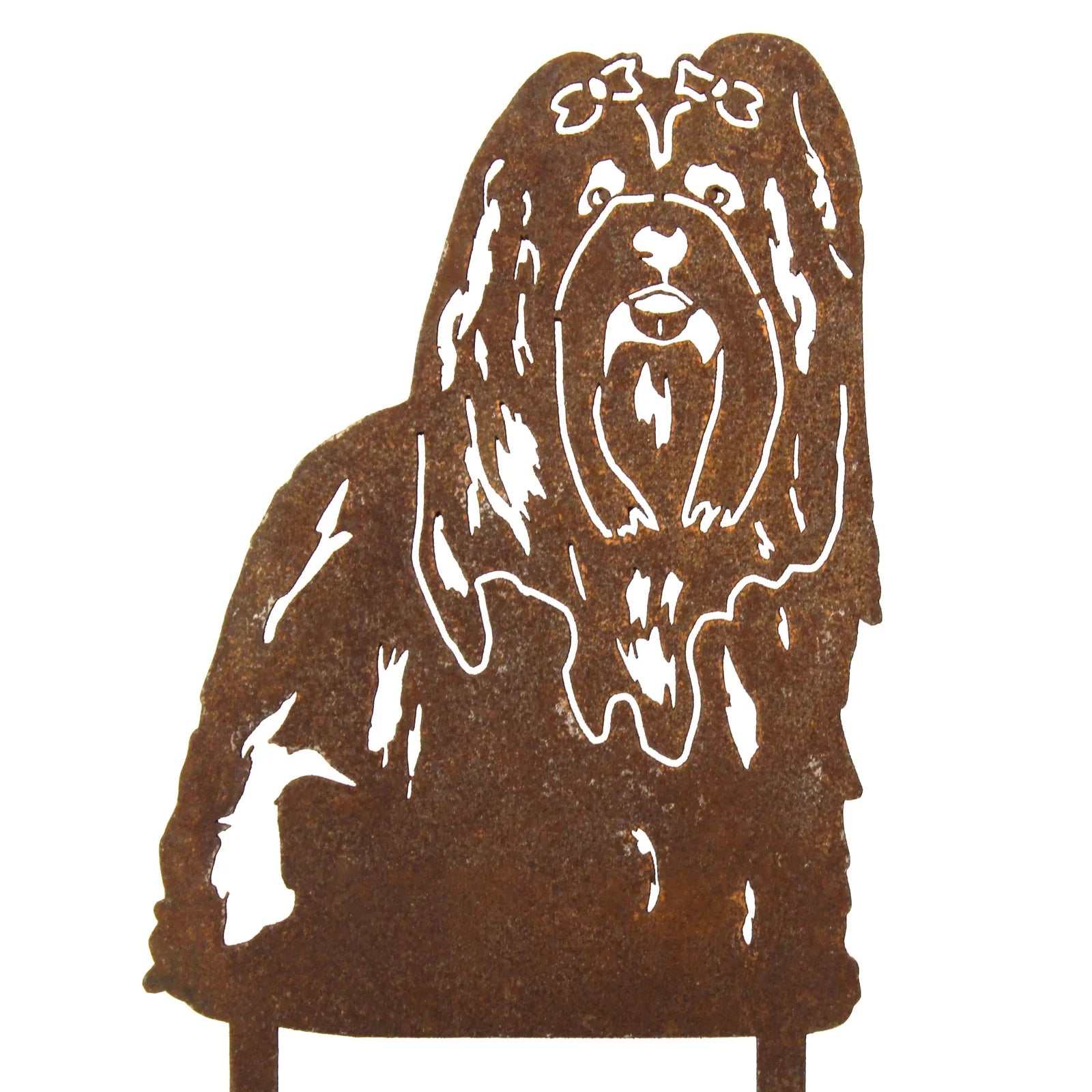 Rusty Corten steel silhouette of a Lhasa Apso with distinctive features, perfect for outdoor dog decor.
