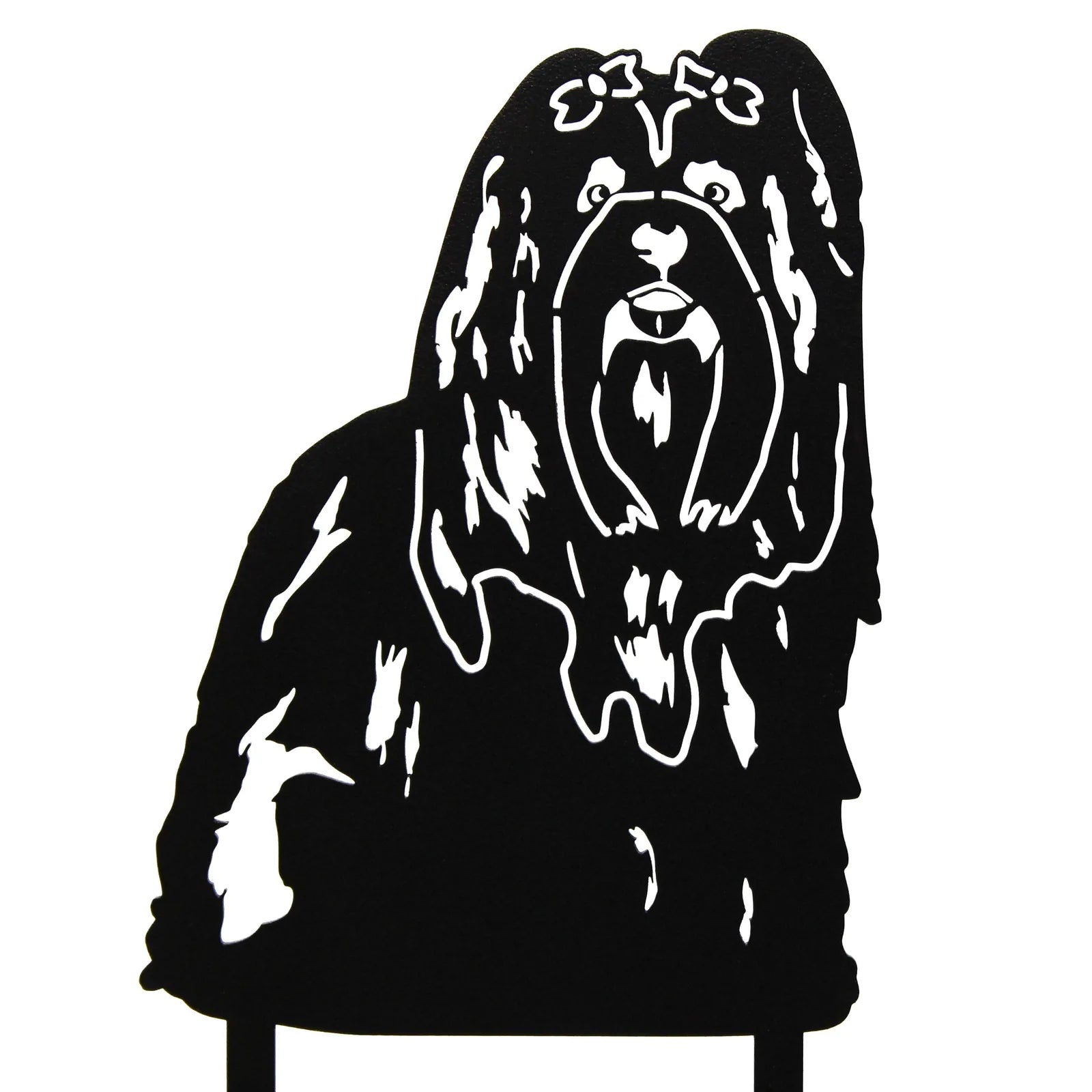 Black metal silhouette of a Lhasa Apso dog, showcasing detailed features and a classic design perfect for outdoor decor.