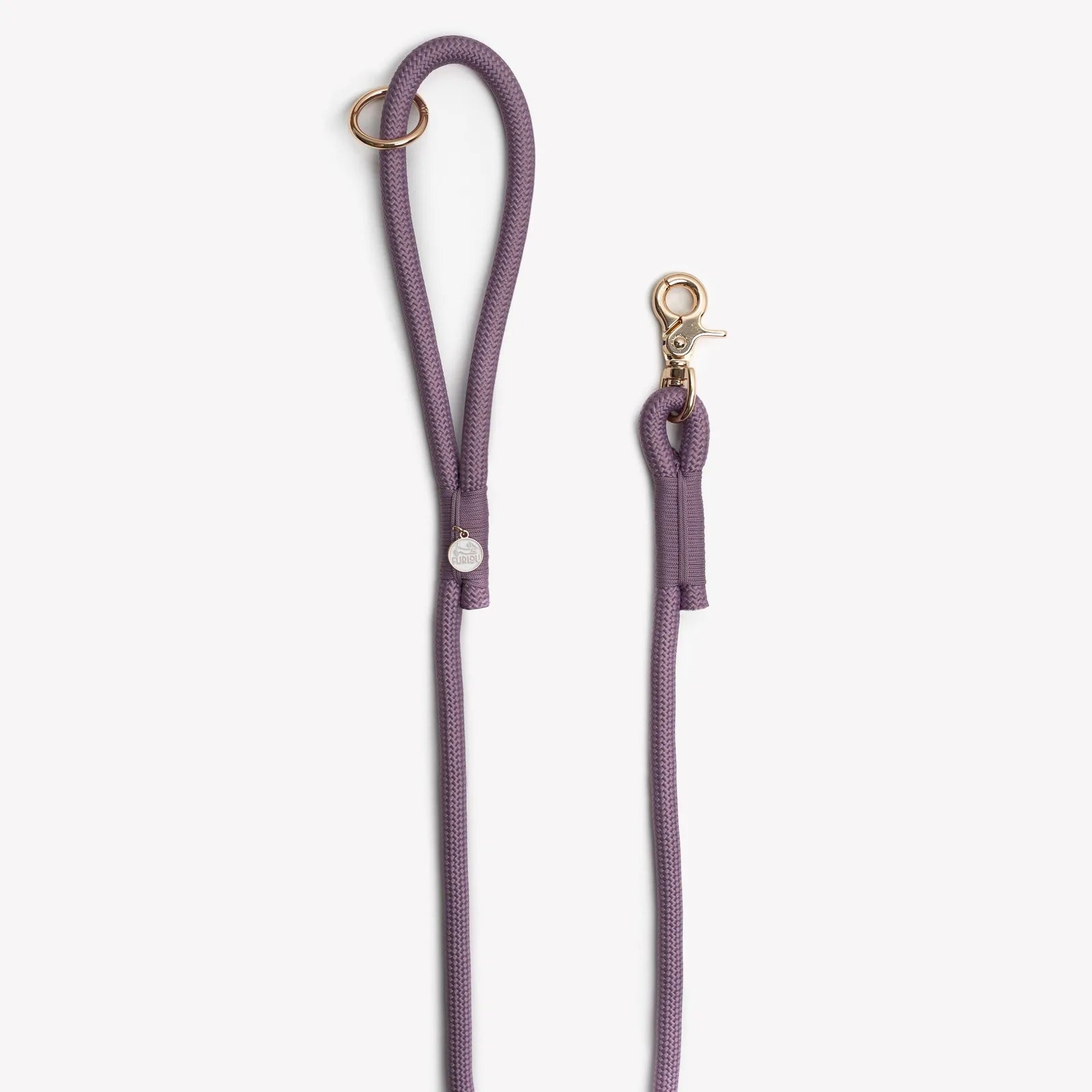 Lilac braided rope leash by FURLOU featuring a gold O-ring and clip, designed for strength and comfort during walks.