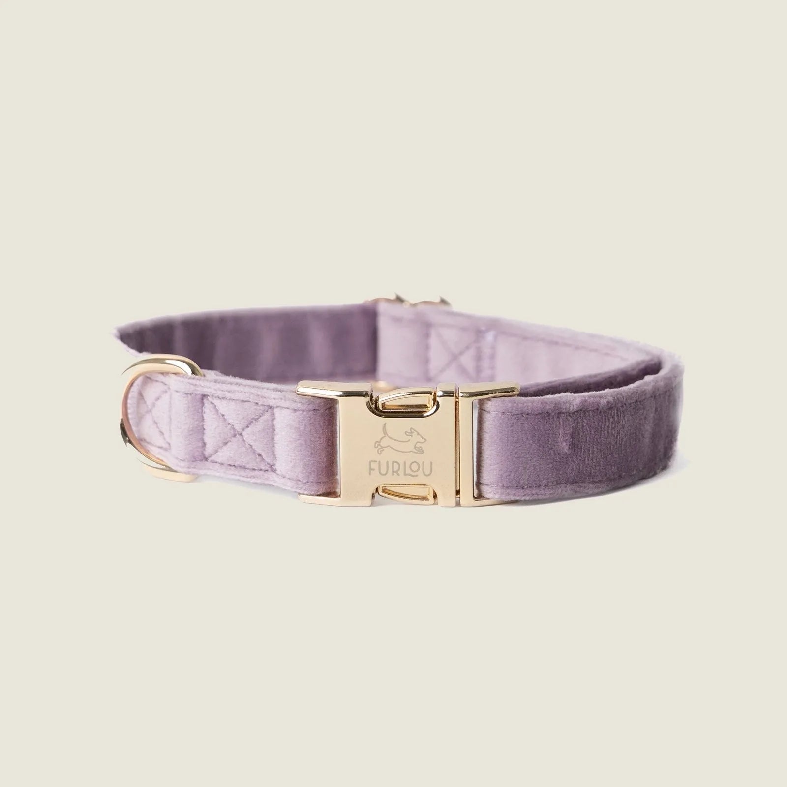 Lilac velvet dog collar by FURLOU with gold hardware, showcasing a soft, elegant design perfect for stylish daily wear.