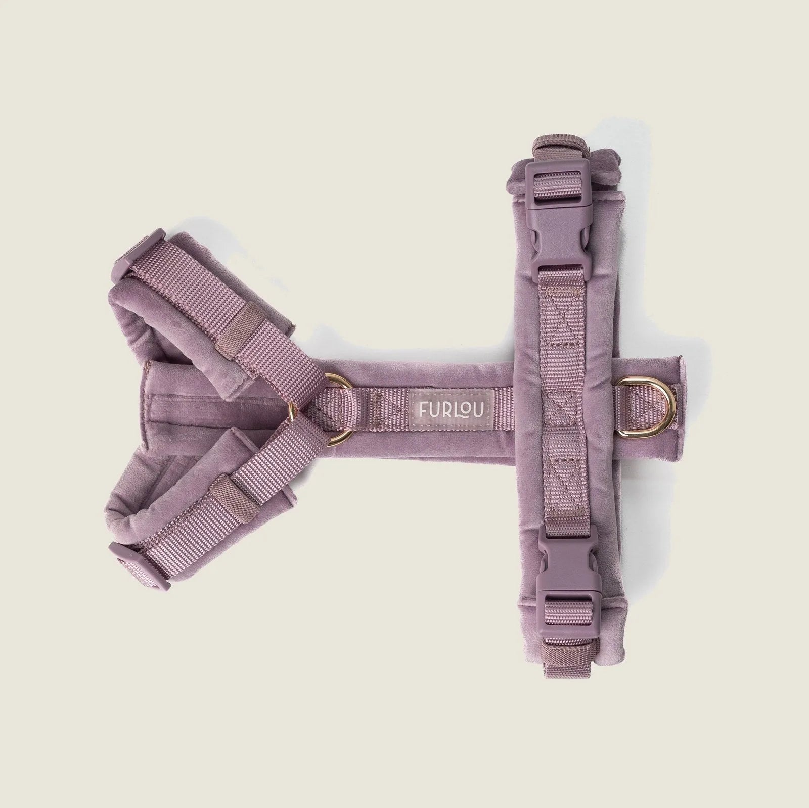 Lilac velvet dog harness featuring gold hardware and adjustable straps for a stylish, comfortable fit.