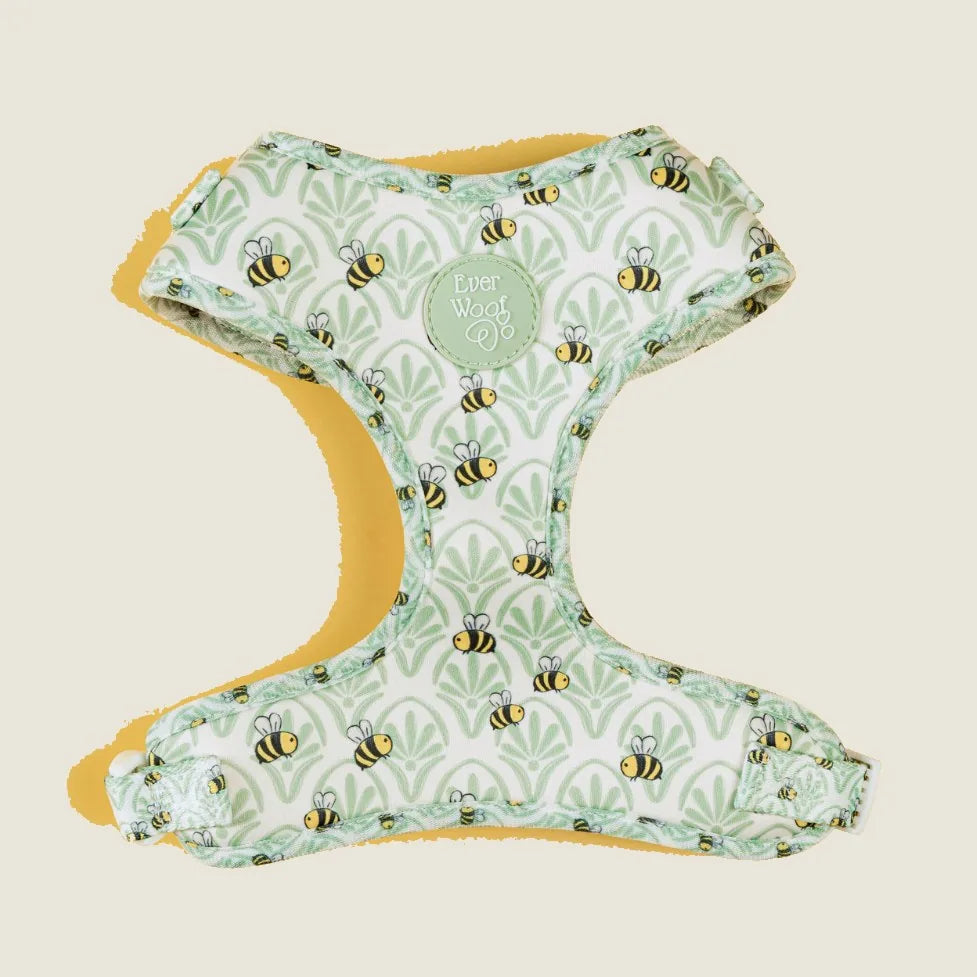 Little Honey Adjustable Harness in mint green with a bee pattern, featuring a soft neoprene design and adjustable straps.