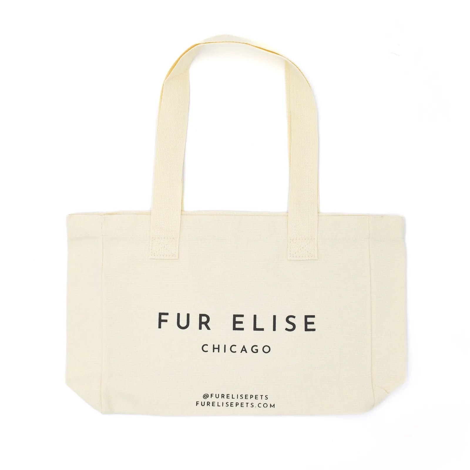 Natural cotton canvas tote bag in cream with black "FUR ELISE CHICAGO" logo and sturdy handles. Ideal for daily use.