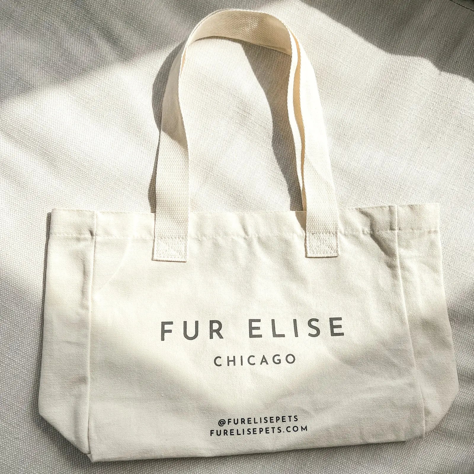 Natural cotton canvas tote bag featuring "FUR ELISE" and "CHICAGO" printed in bold black letters.