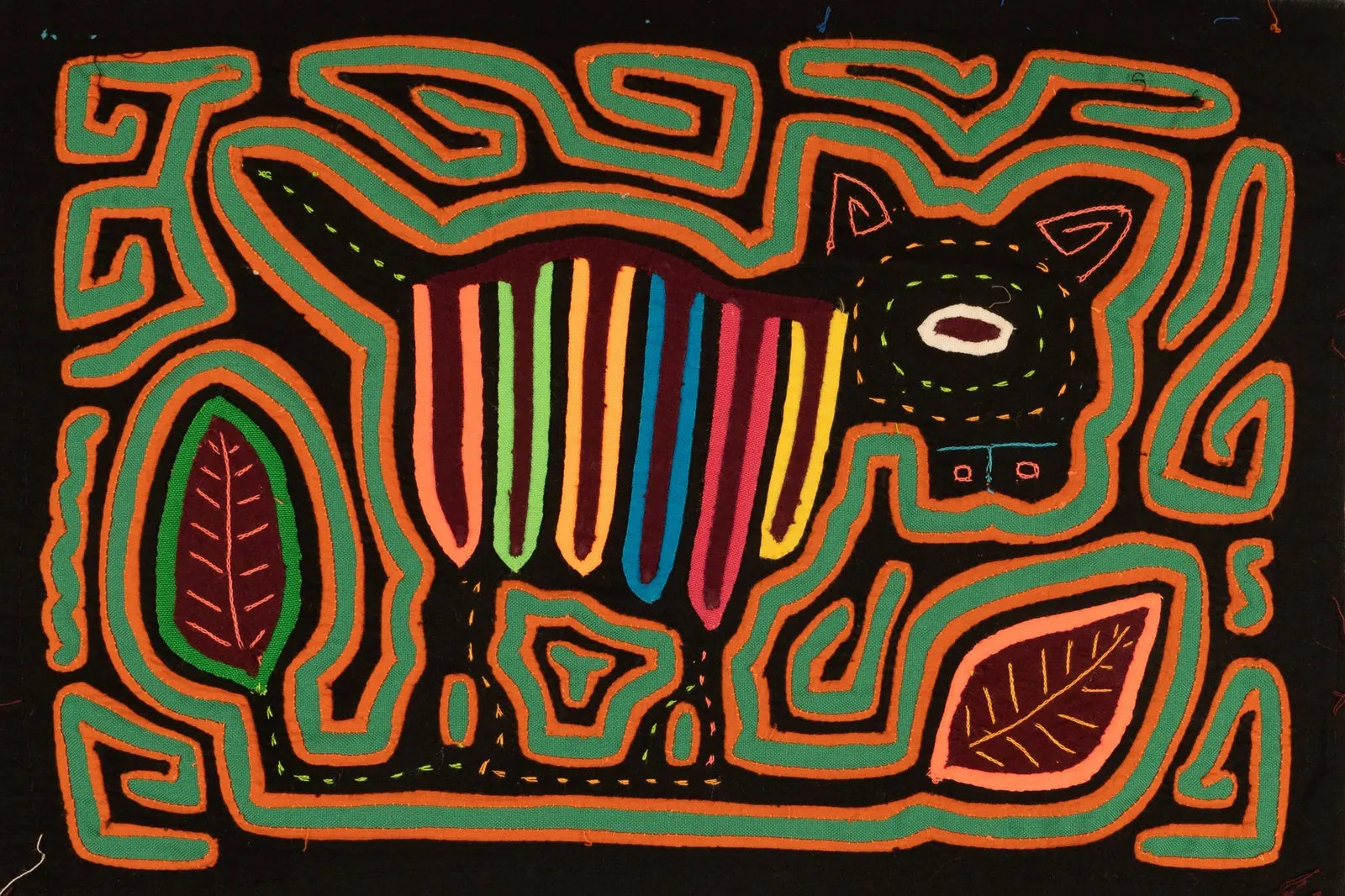 Brightly colored hand-stitched mola design featuring a playful puppy amid intricate patterns, set against a black background.