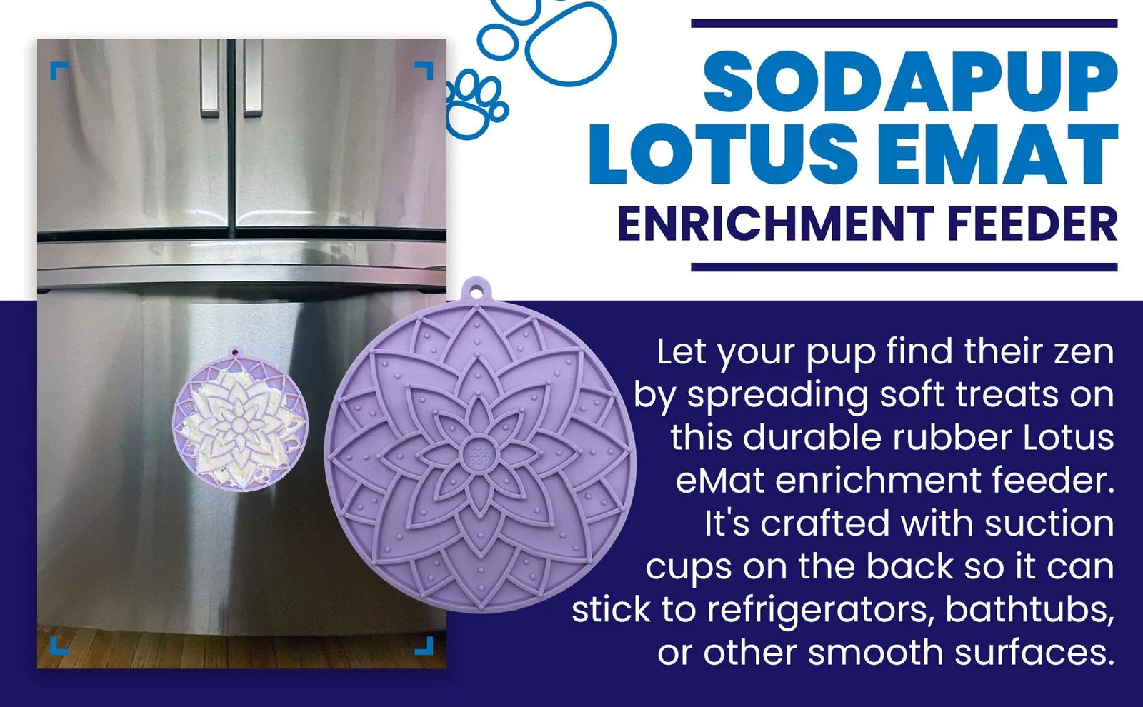 Pastel purple lotus enrichment lick mat with suction cups, attached to a stainless steel surface for easy feeding.