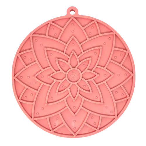 Pastel pink Lotus Design emat with textured flower pattern, made from food-safe, durable material for pets.