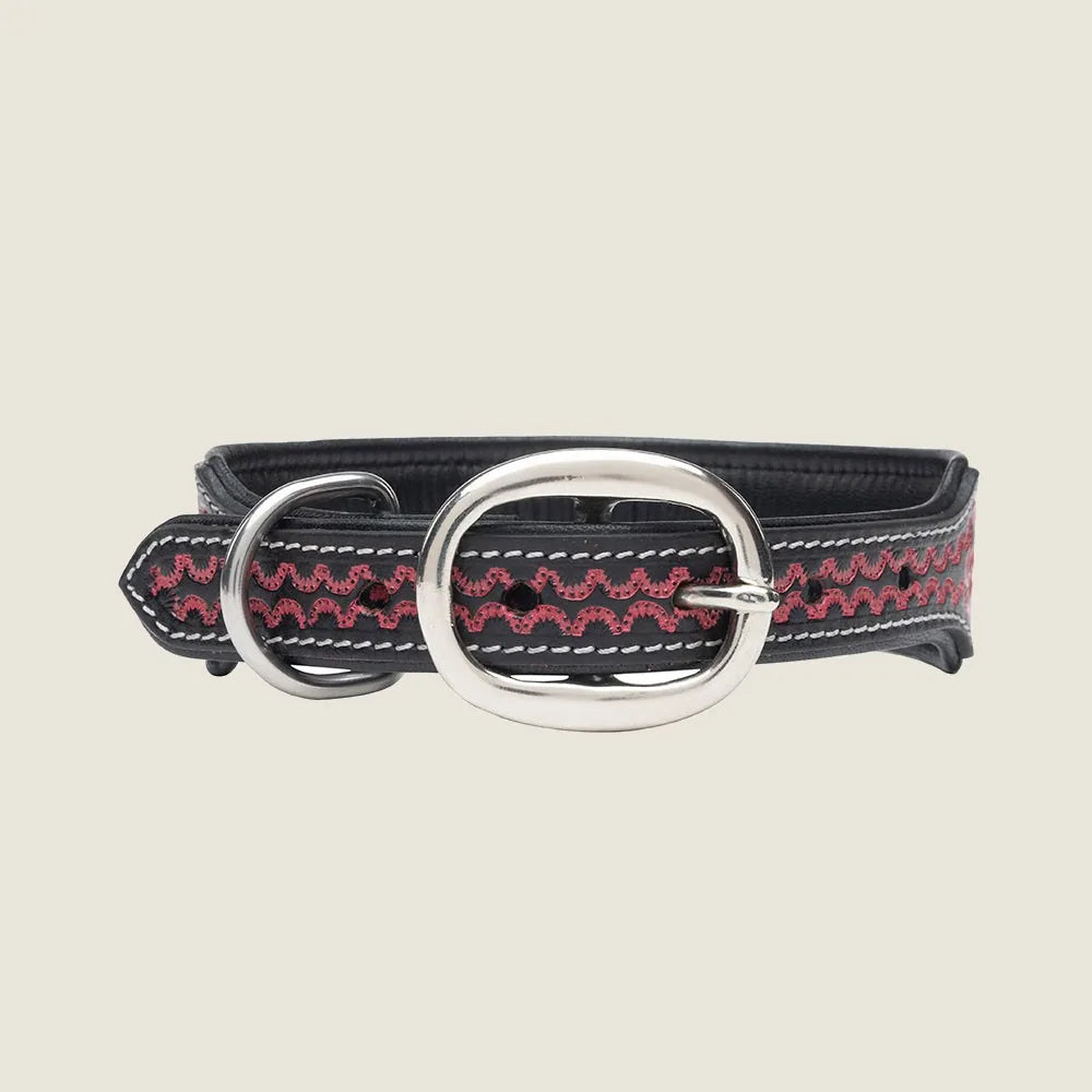 Hand-tooled black leather dog collar with red wavy design and a silver buckle, perfect for everyday walks.