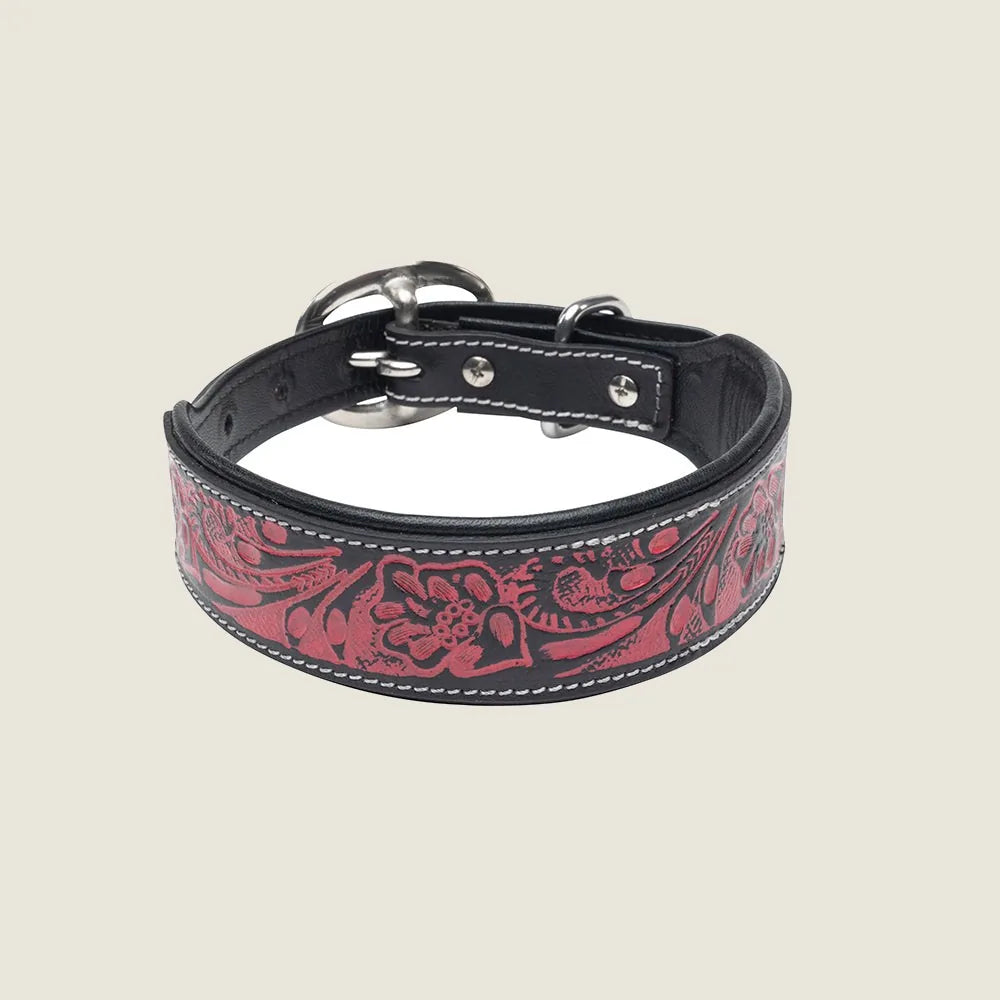 Hand-tooled leather dog collar featuring red floral design and black trim, designed for stylish everyday use.