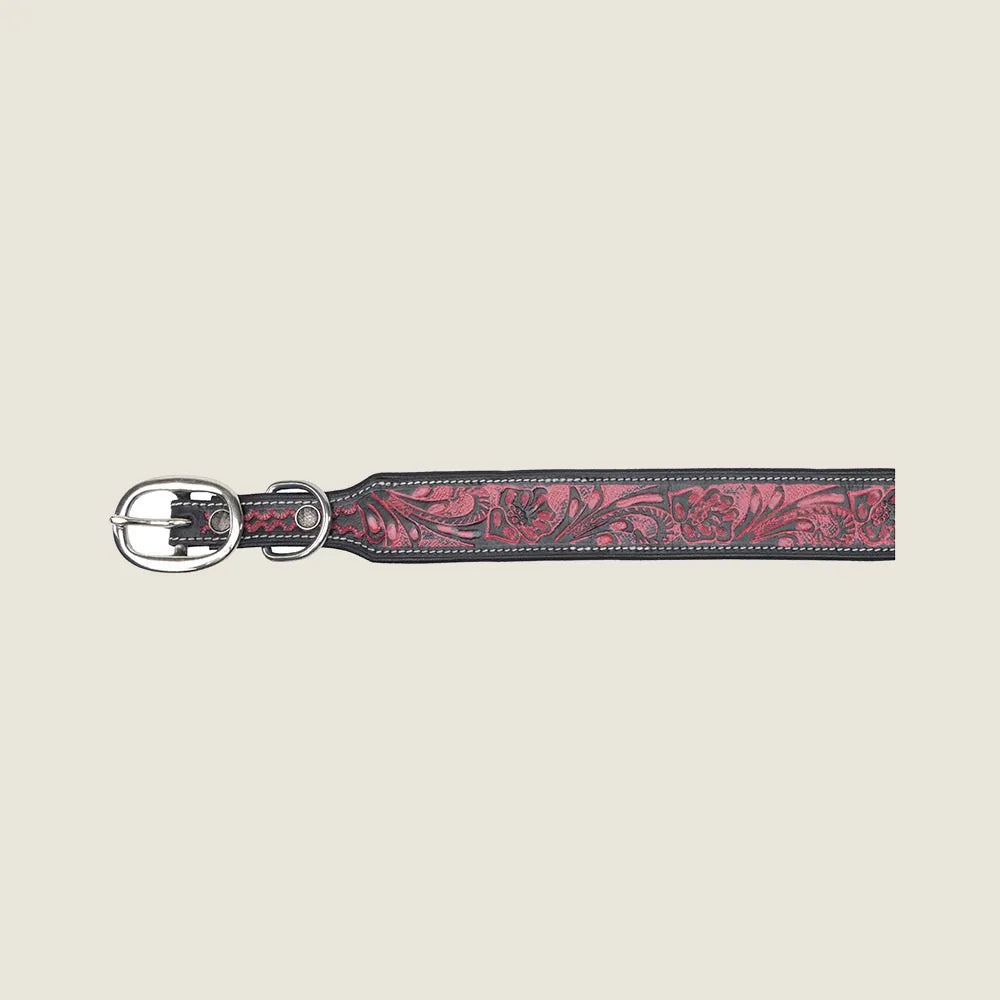 Hand-tooled leather dog collar in red and black with floral designs and a silver buckle, showcasing craftsmanship and dura...