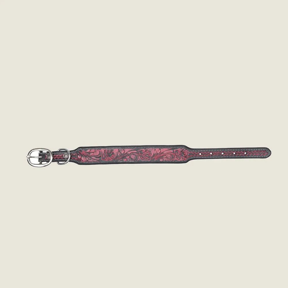 Hand-tooled leather dog collar in red with floral design and silver buckle, suitable for small to large dogs.