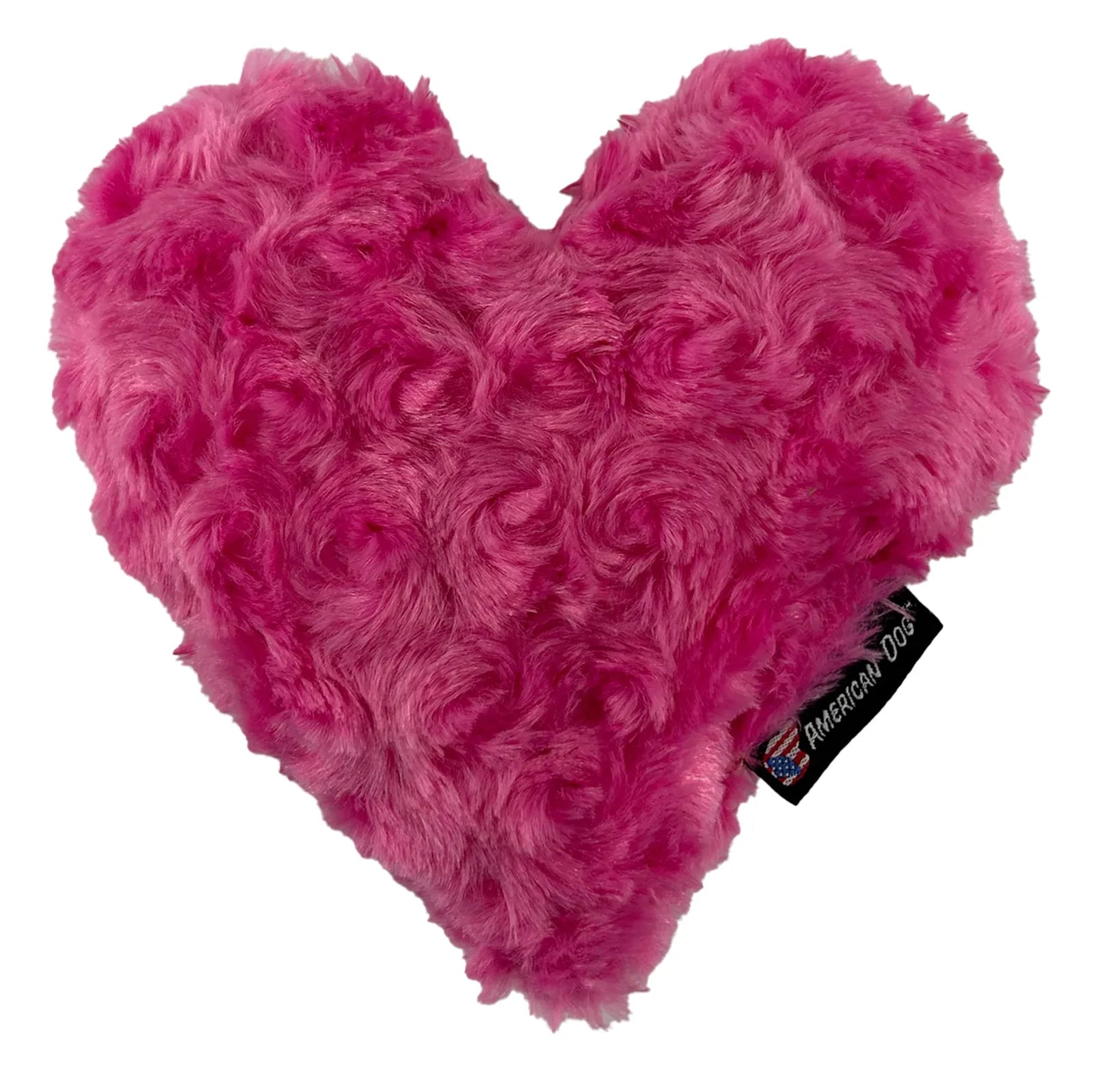 Soft pink heart-shaped plush dog toy with curly texture, designed for gentle play and cuddling.