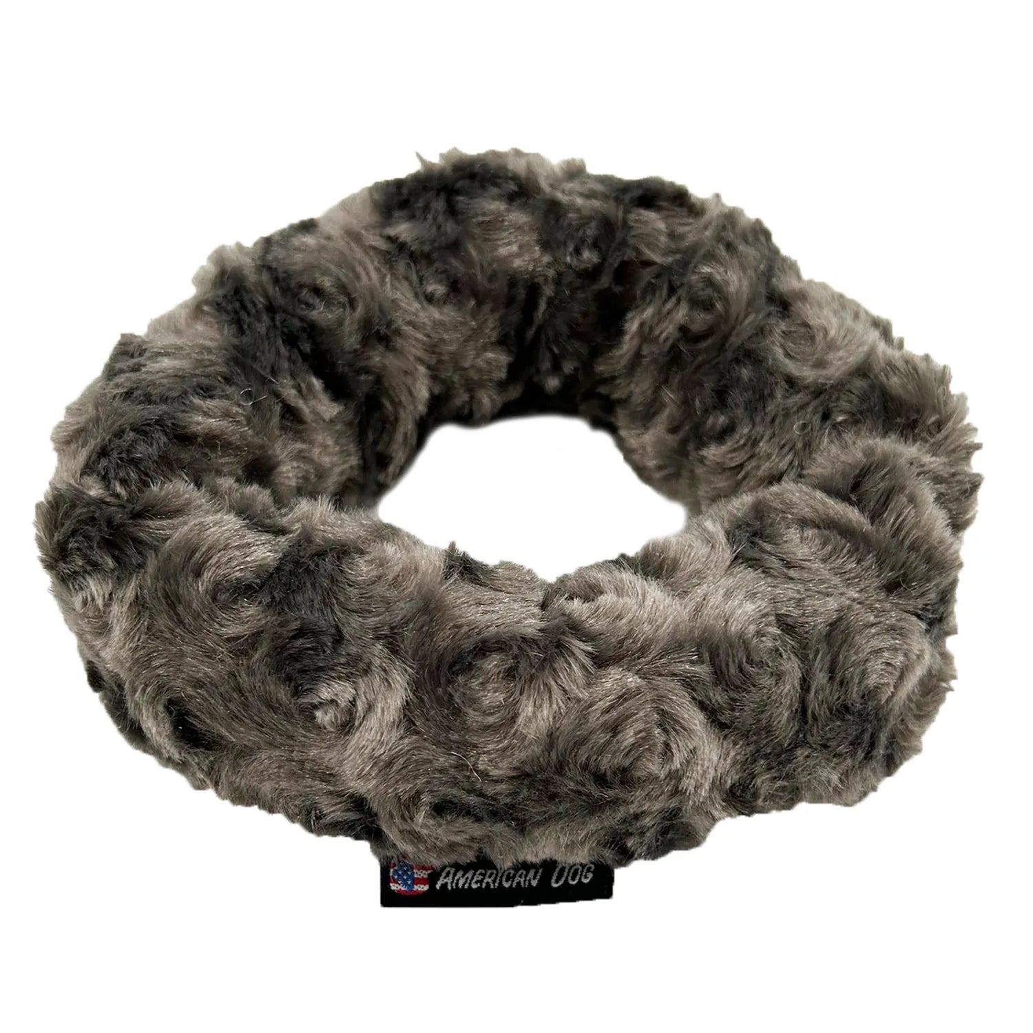 Soft, charcoal plush ring tug toy with a textured design, perfect for gentle fetch and tug play.