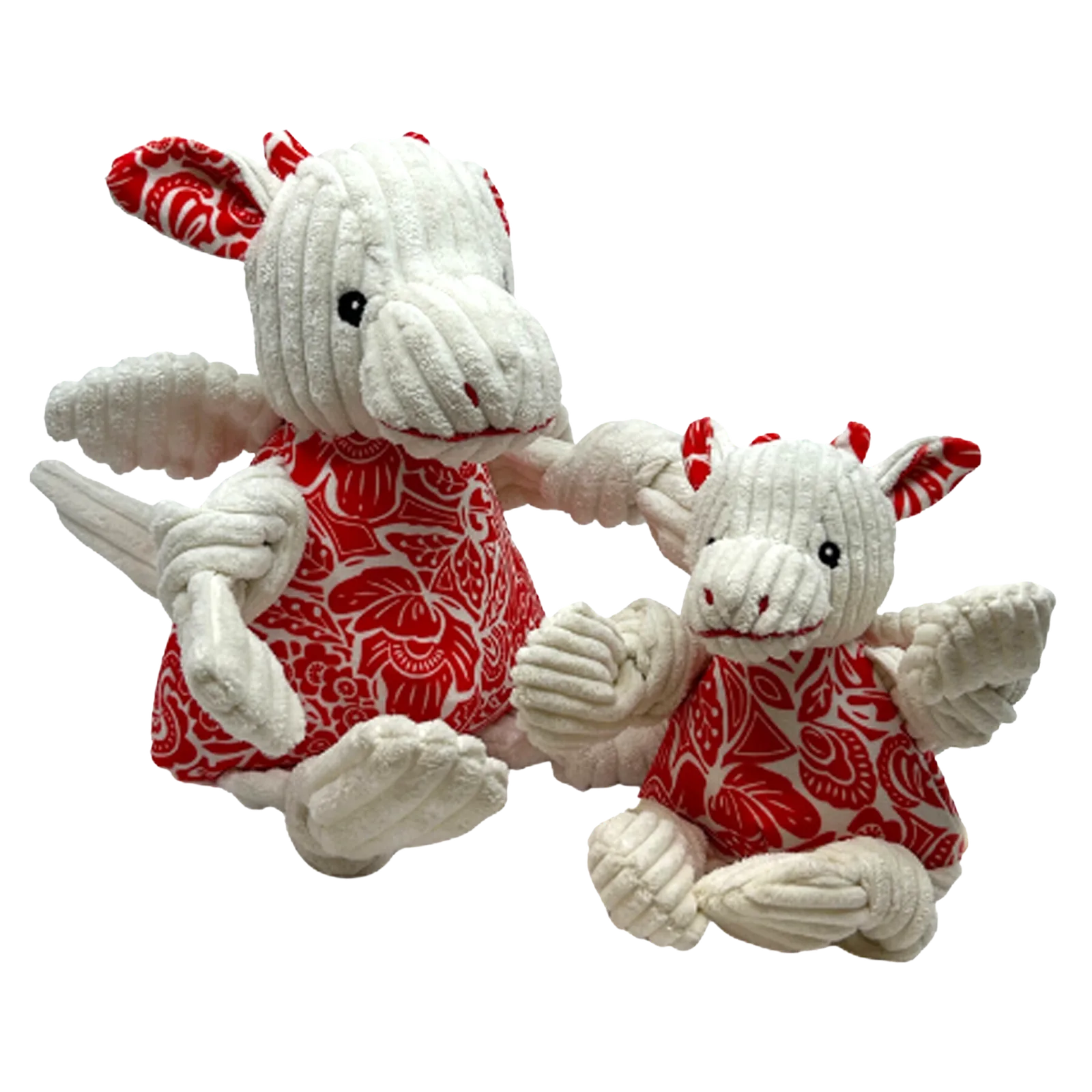 Lucky Dragon Knottie® plush dog toys in red and white corduroy with floral patterns, perfect for tugging and snuggling.