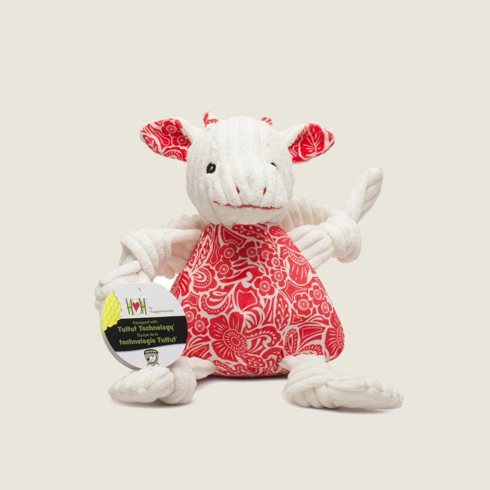 Lucky Dragon Knottie® plush dog toy with a red floral pattern and soft corduroy body, featuring a playful design and tag.