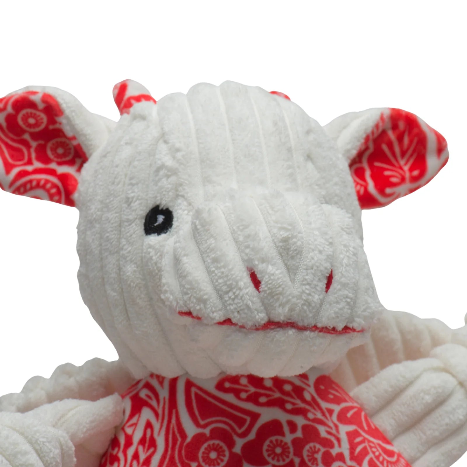 Lucky Dragon Knottie® plush dog toy featuring a red and white graphic design, soft corduroy texture, and cute dragon face.