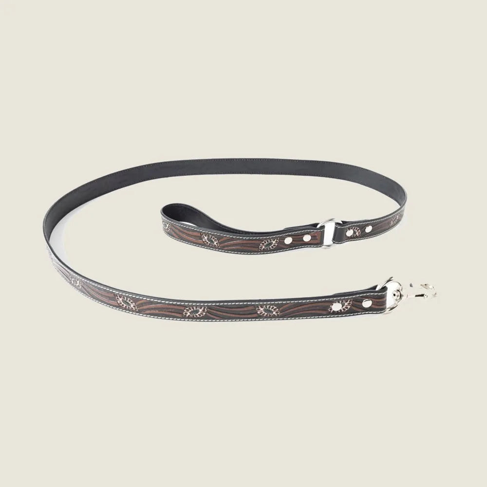Dark brown leather dog leash with floral embossing and turquoise edges, featuring silver hardware for secure walks.