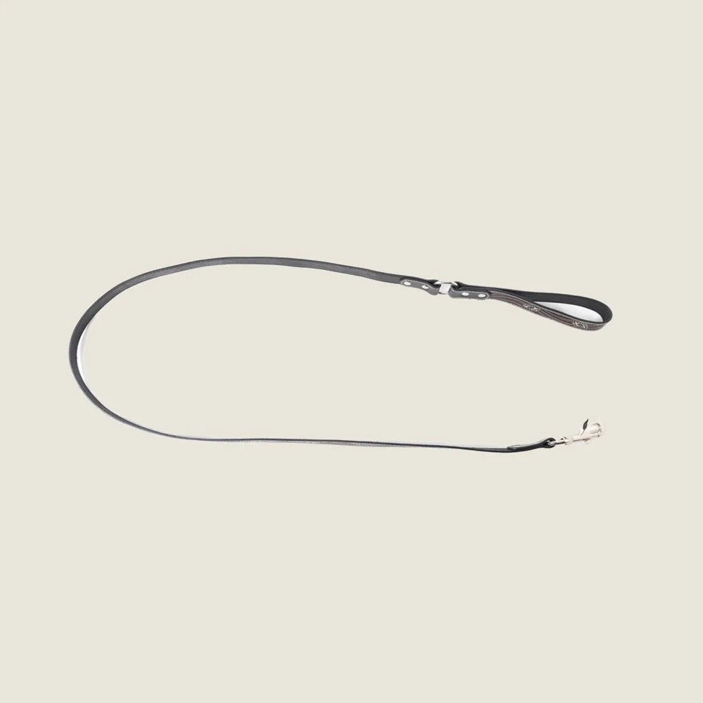 Dark brown leather dog leash with floral embossing and silver hardware, designed for stylish walks and adventures.