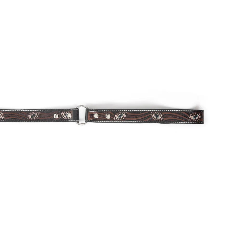 Dark brown leather dog leash featuring floral embossing, turquoise edges, and premium silver hardware.