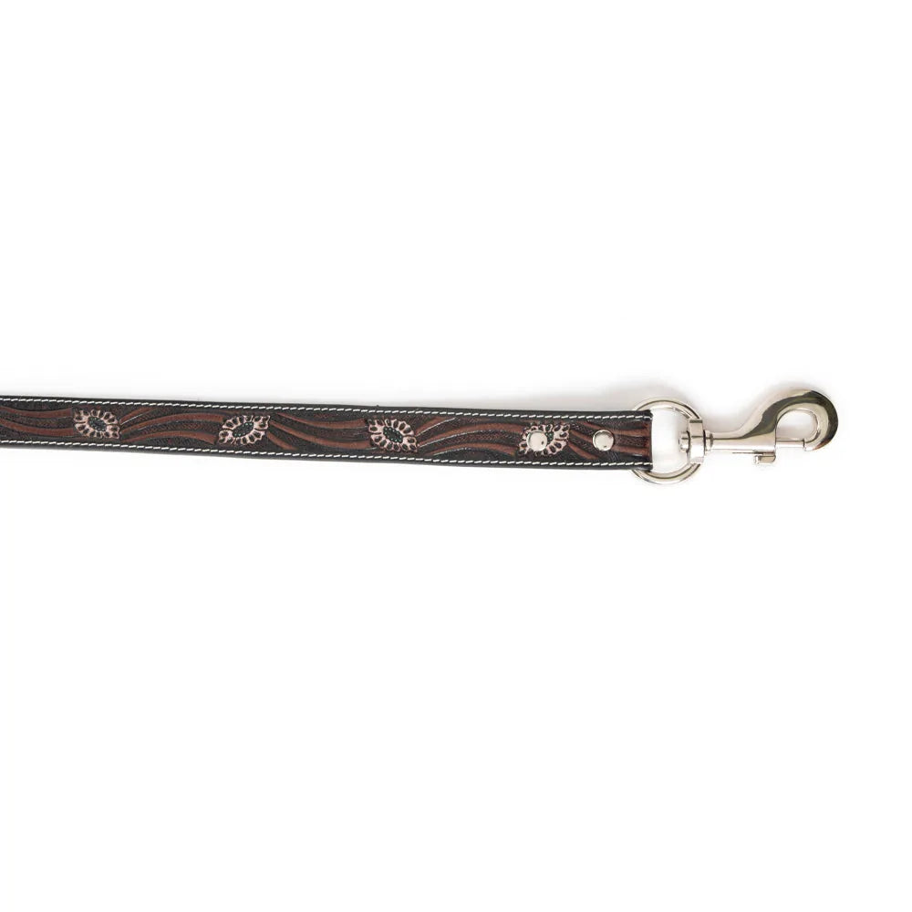 Dark brown leather dog leash featuring floral embossing and turquoise edges with sturdy silver hardware. Ideal for walking.