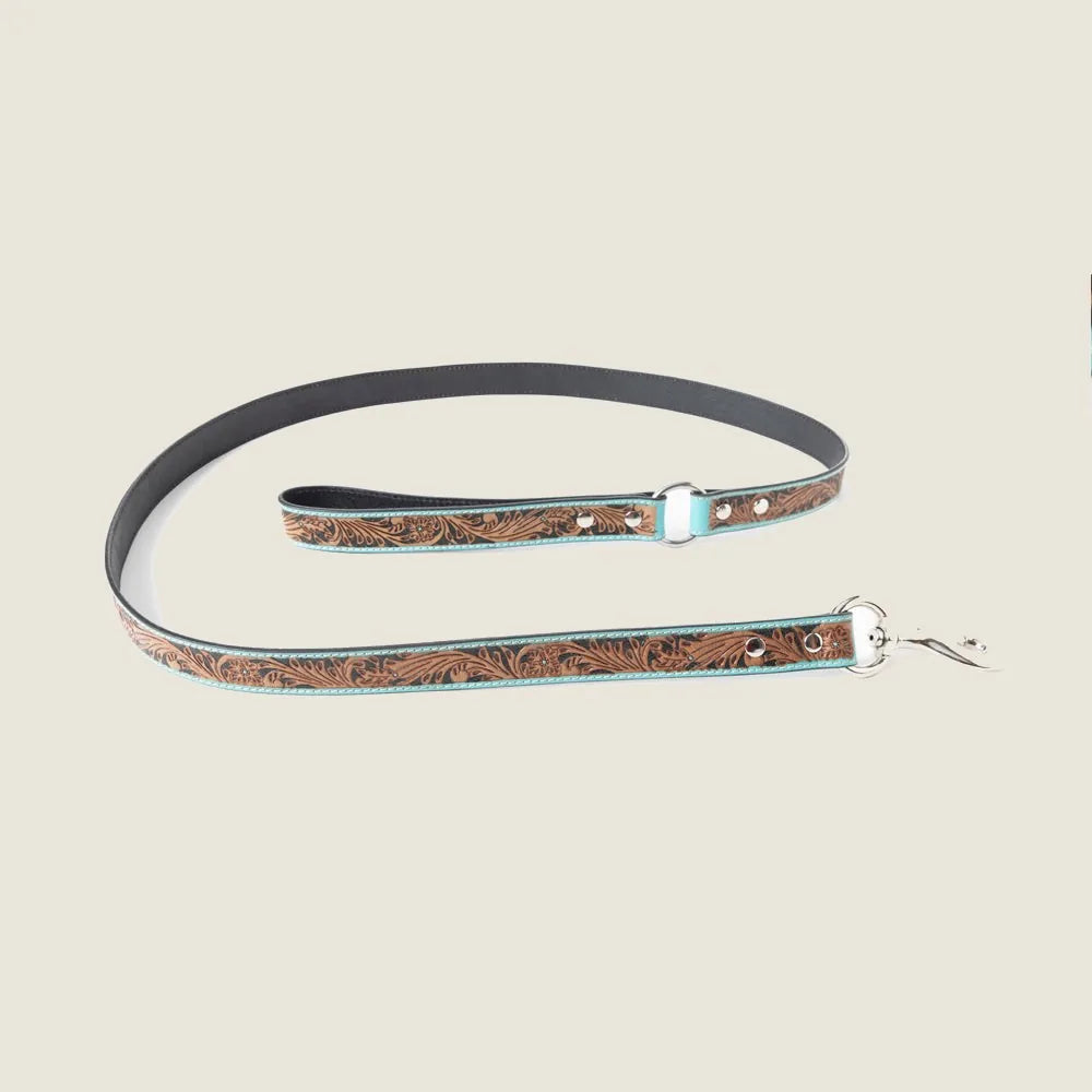 Turquoise Luna Beam dog leash with handtooled leather, floral embossing, and silver hardware for stylish daily walks.
