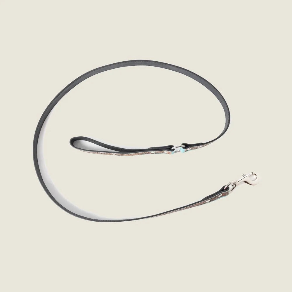 Turquoise handtooled leather dog leash with floral embossing and silver hardware, coiled on a light background.