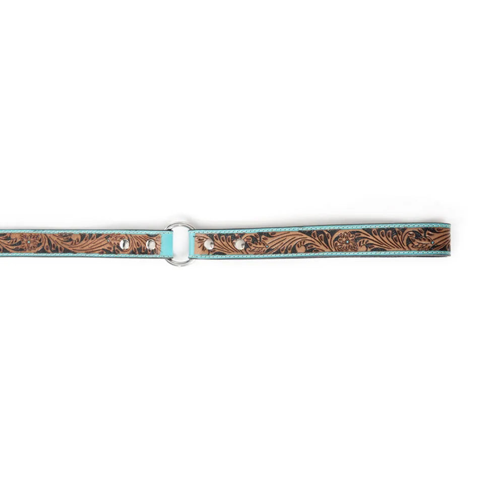 Turquoise-painted leather dog leash with floral embossing and premium silver hardware for a stylish daily walk.