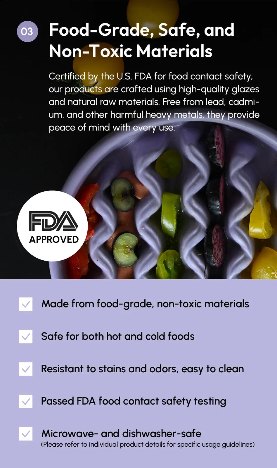 Ceramic slow feeder dog bowl in purple with raised patterns for slowing down eating, featuring an FDA-approved logo.
