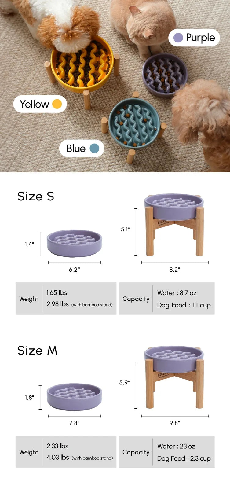 Slow feeder bowl in yellow with a wavy interior design, elevated on wooden legs, surrounded by pets.