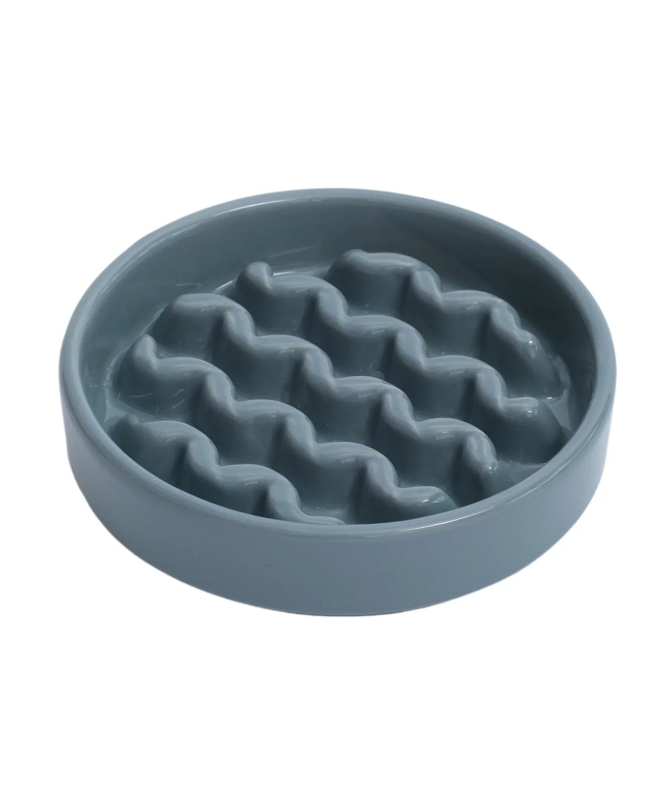 Ceramic slow feeder dog bowl in Frozen Blue with a wavy pattern design to encourage slower eating.