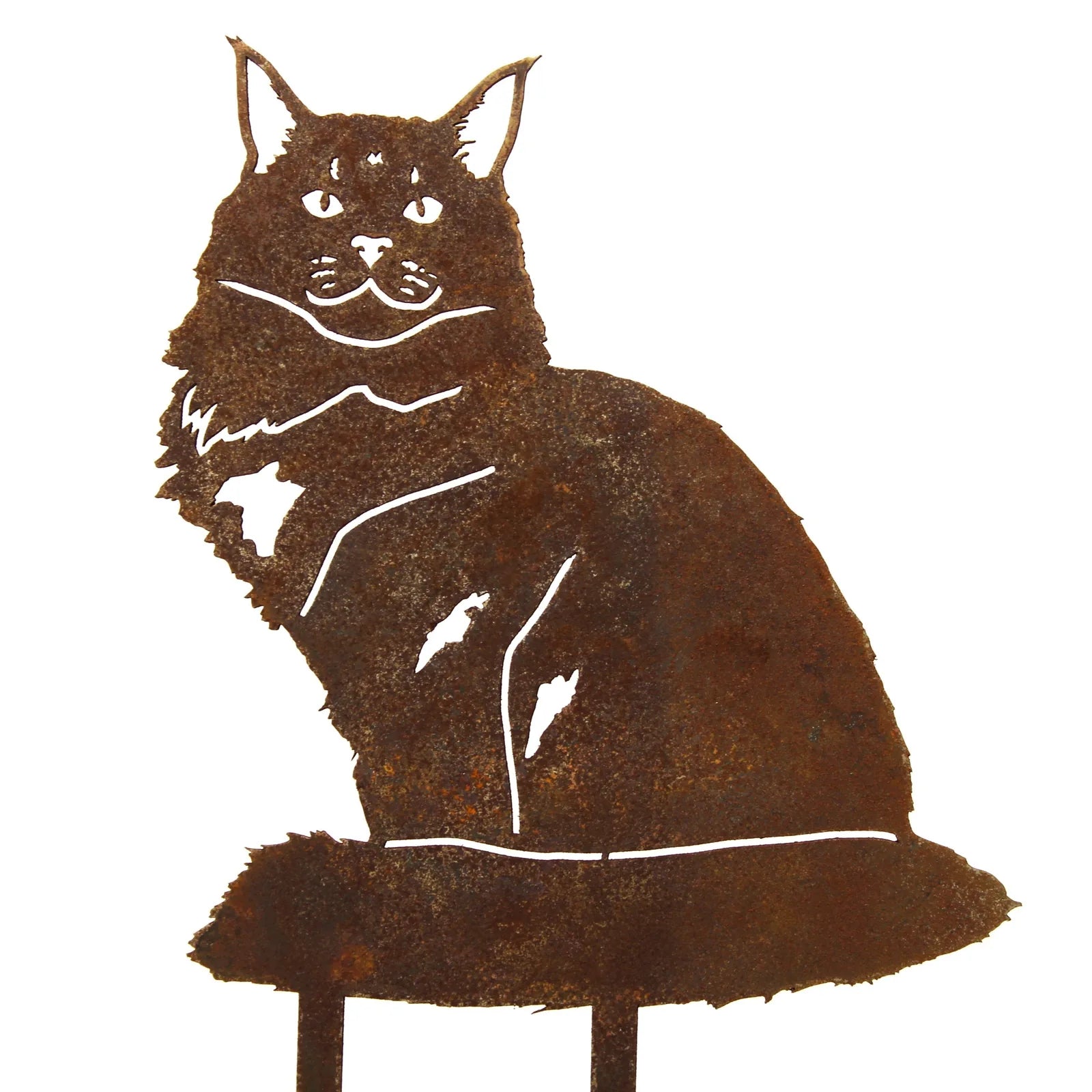 Rusty Corten steel silhouette of a Maine Coon cat, featuring detailed facial and body outlines for outdoor decor.