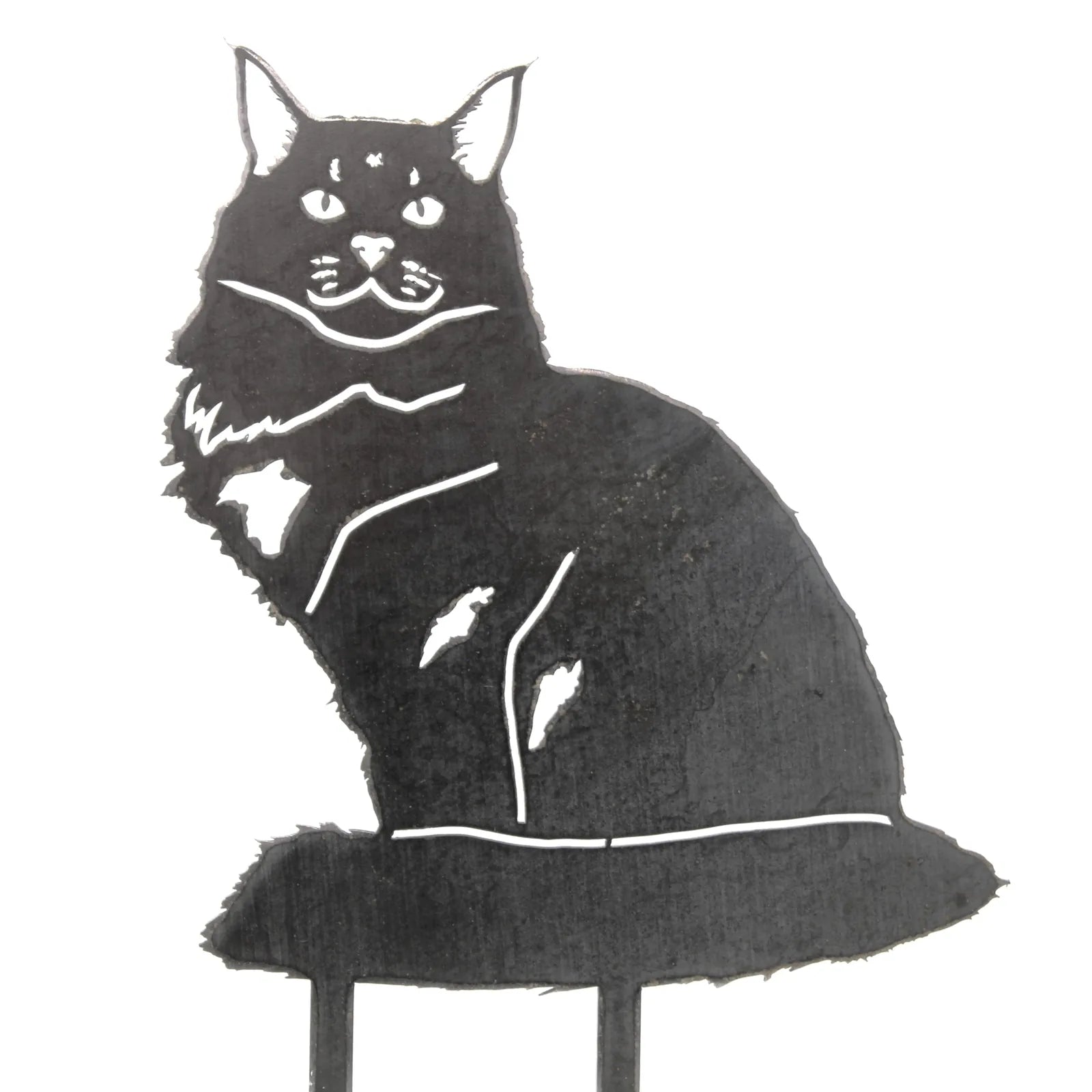 Maine Coon metal silhouette in black, showcasing a detailed depiction of a cat for outdoor decor.