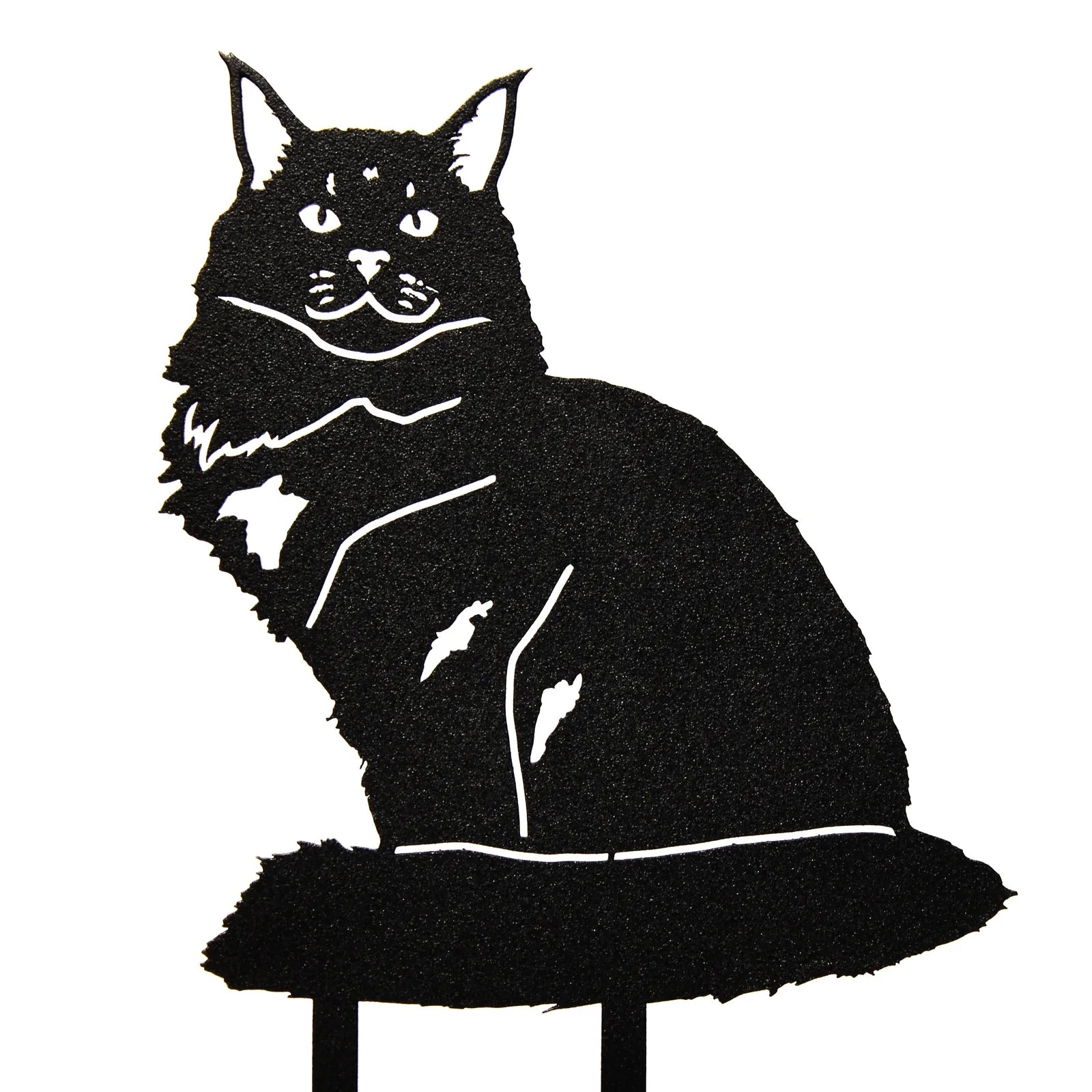 Black metal silhouette of a Maine Coon cat, showcasing intricate details and smooth edges for outdoor decor.
