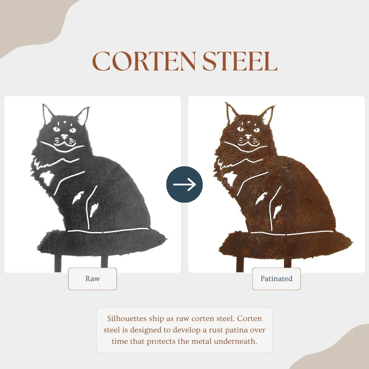 Maine Coon metal silhouette showing raw and patinated Corten steel finishes; ideal for garden decor.