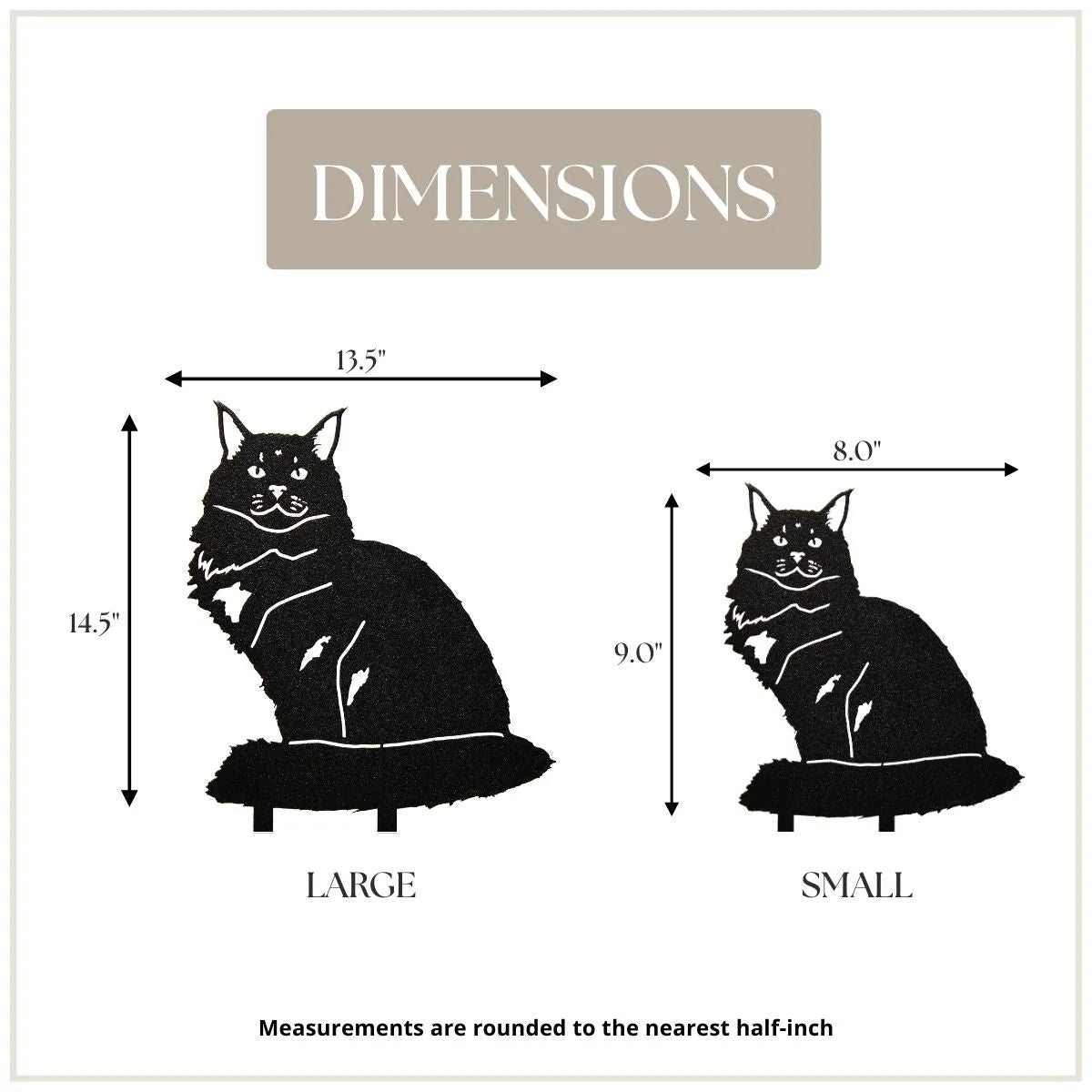 Black metal silhouette of a Maine Coon cat showcasing its dimensions; large (14.5") and small (9"). Perfect for outdoor de...