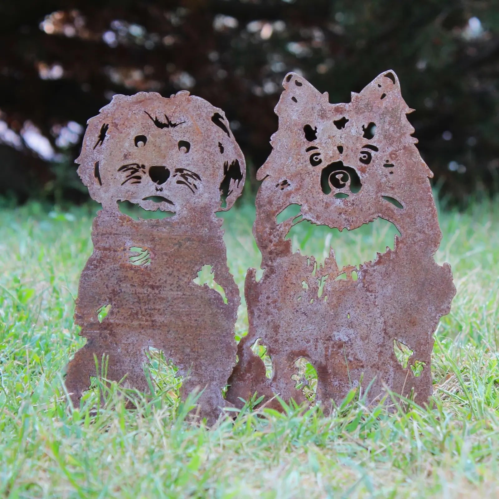 Rusty Corten steel Maltese dog silhouette decor, showcasing intricate cut-outs, perfect for outdoor spaces.