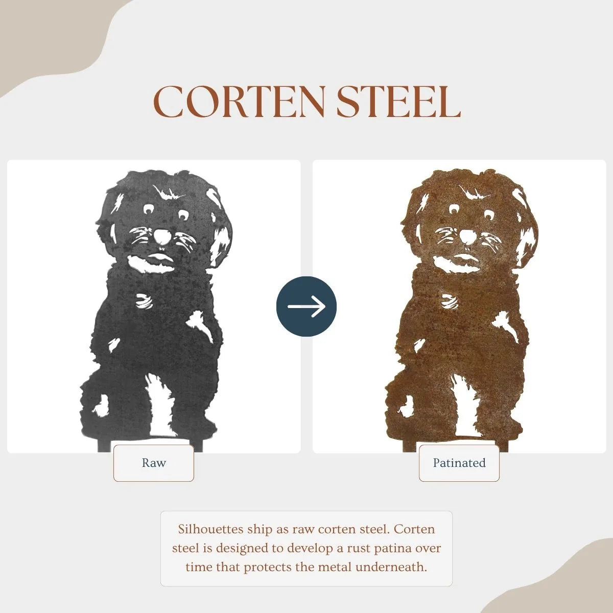 Maltese metal silhouette displaying raw and patinated Corten steel finishes, showcasing the dog's playful outline.
